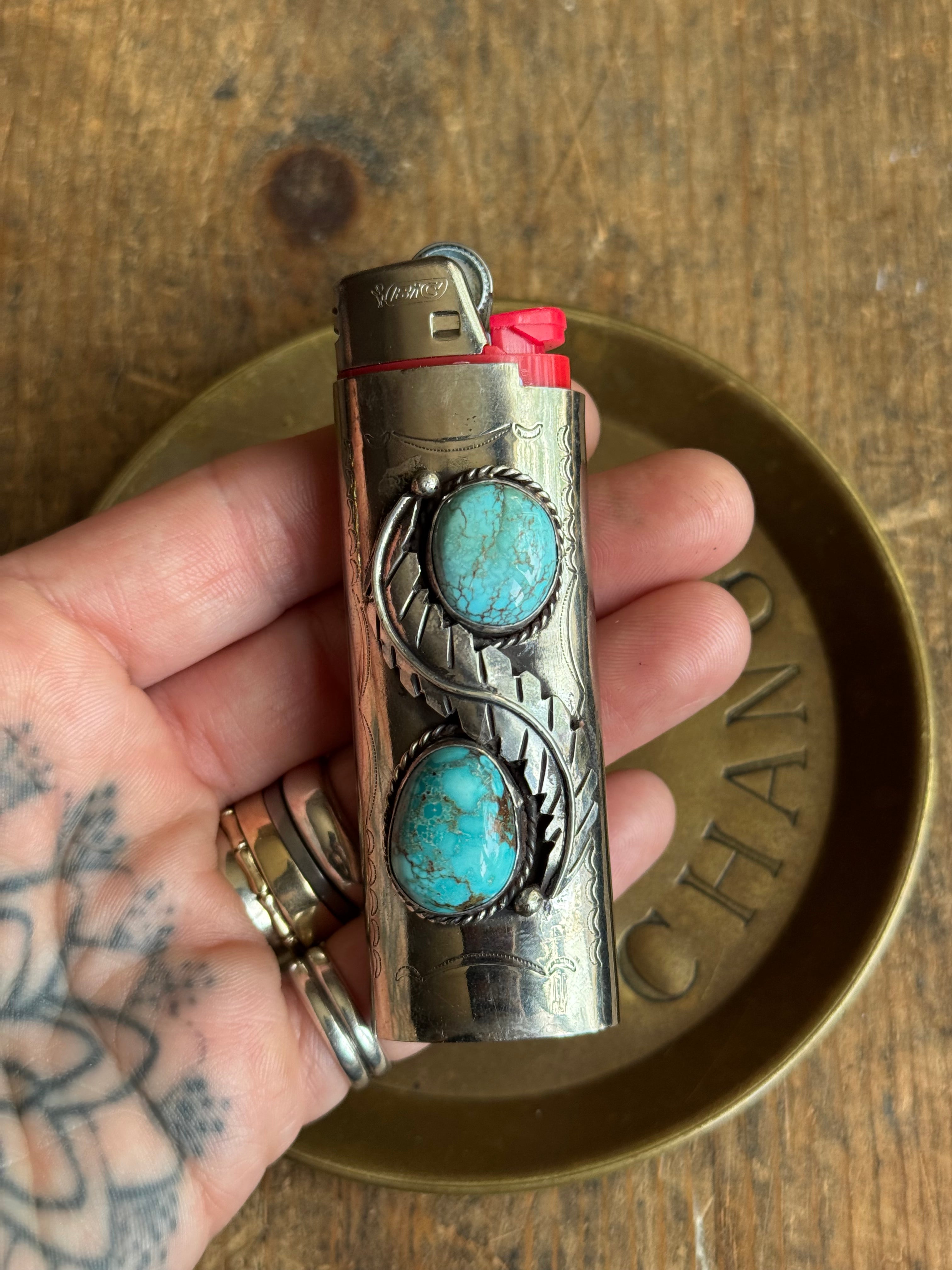 Vintage Stamped Nickel & Sterling Silver Turquoise Lighter Case