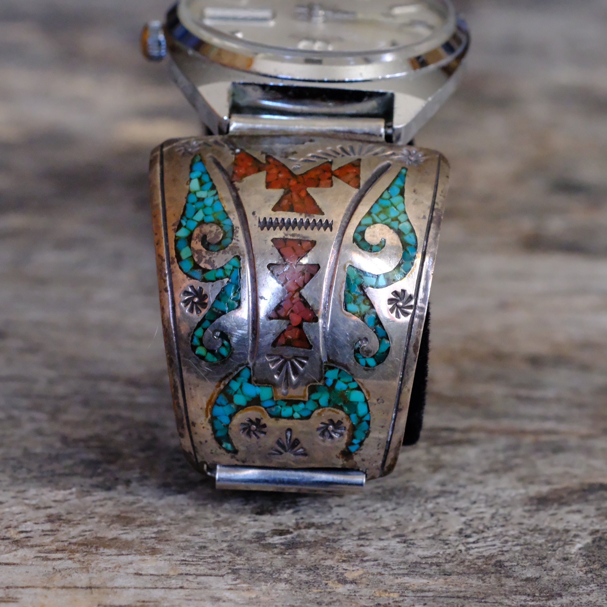 Vintage Sterling Crushed Turquoise and Coral Inlay Ring