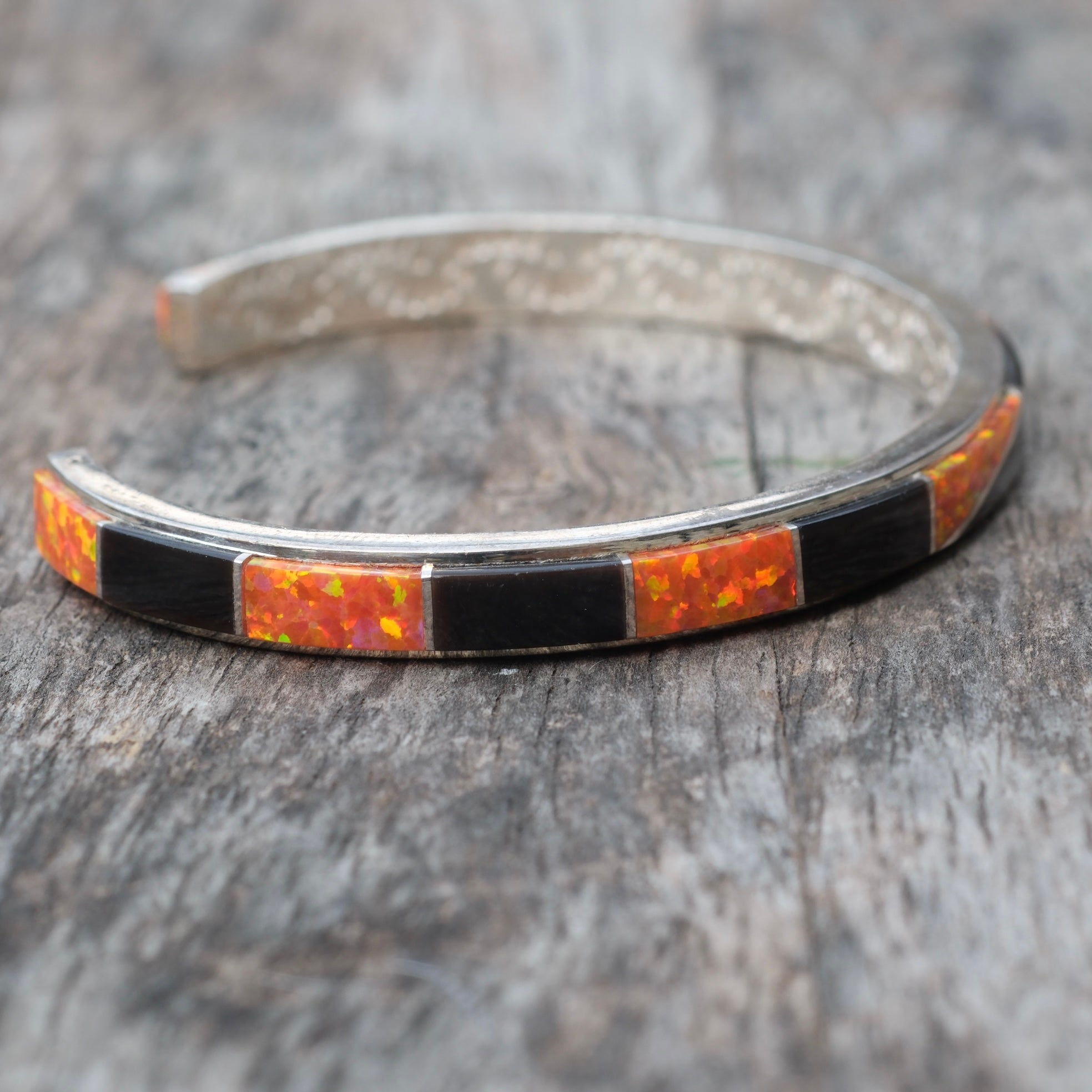 Vintage Sterling Opalite and Black Resin Inlay Cuff Bracelet