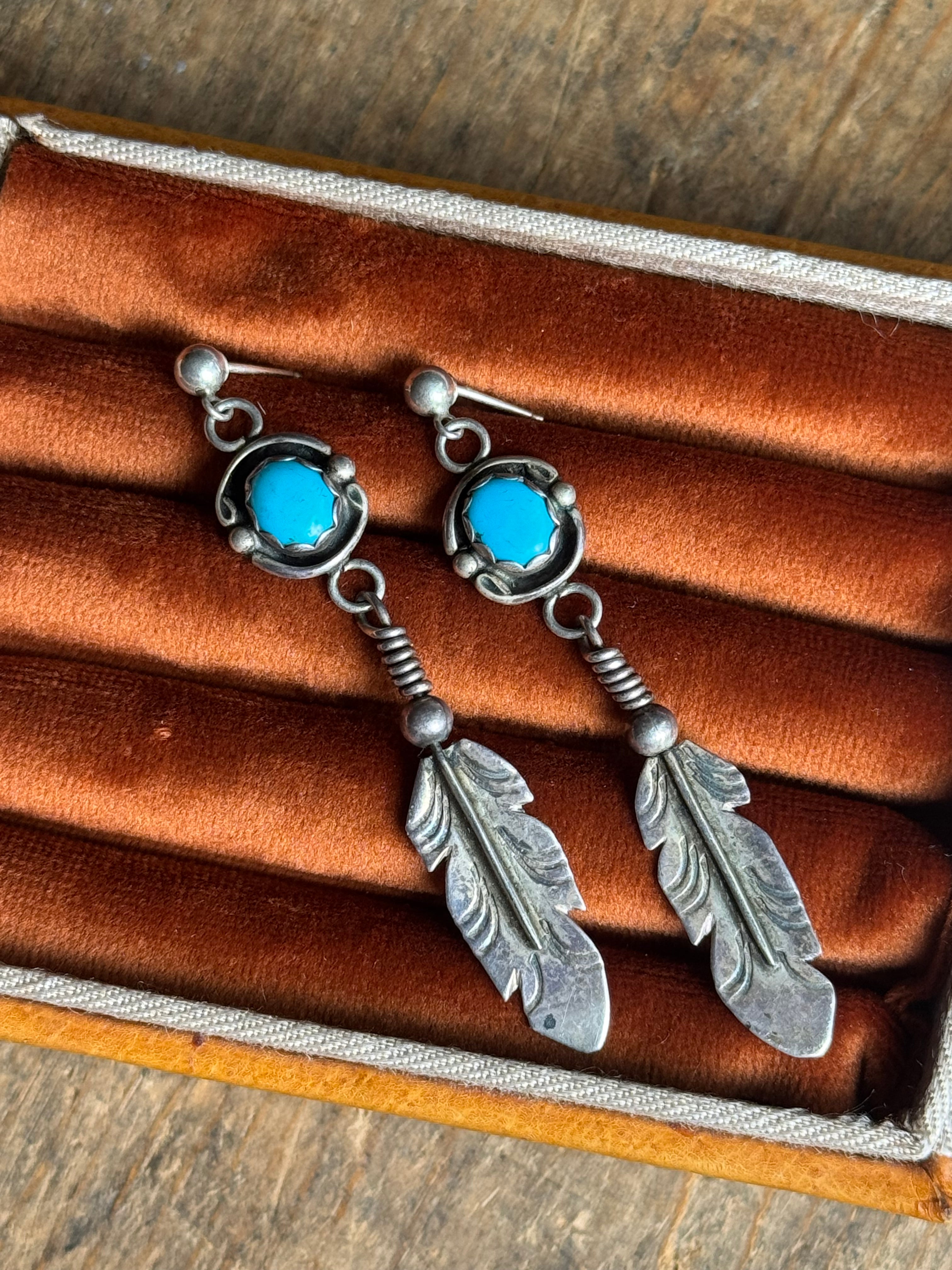 Vintage Sterling Silver Turquoise Feather Earrings