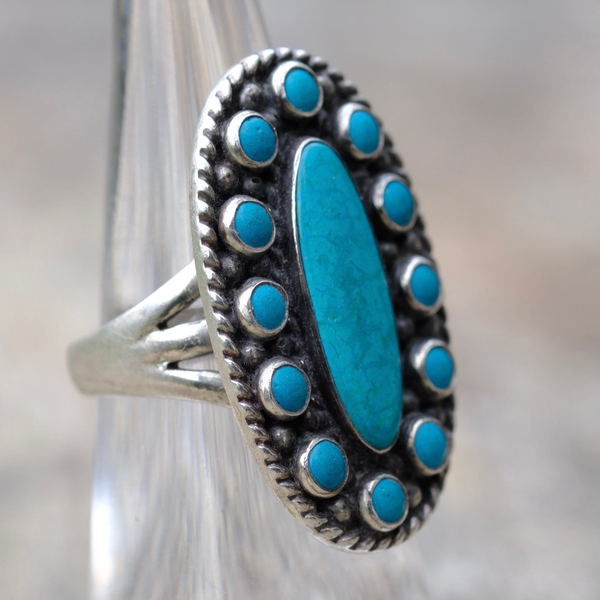 Vintage Sterling Turquoise Cluster Ring 5