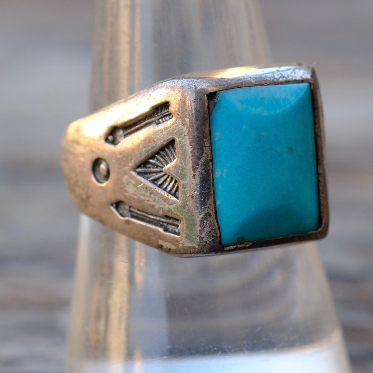 Vintage Sterling Turquoise Stamped Arrows Trading Post Ring Ring 8.75