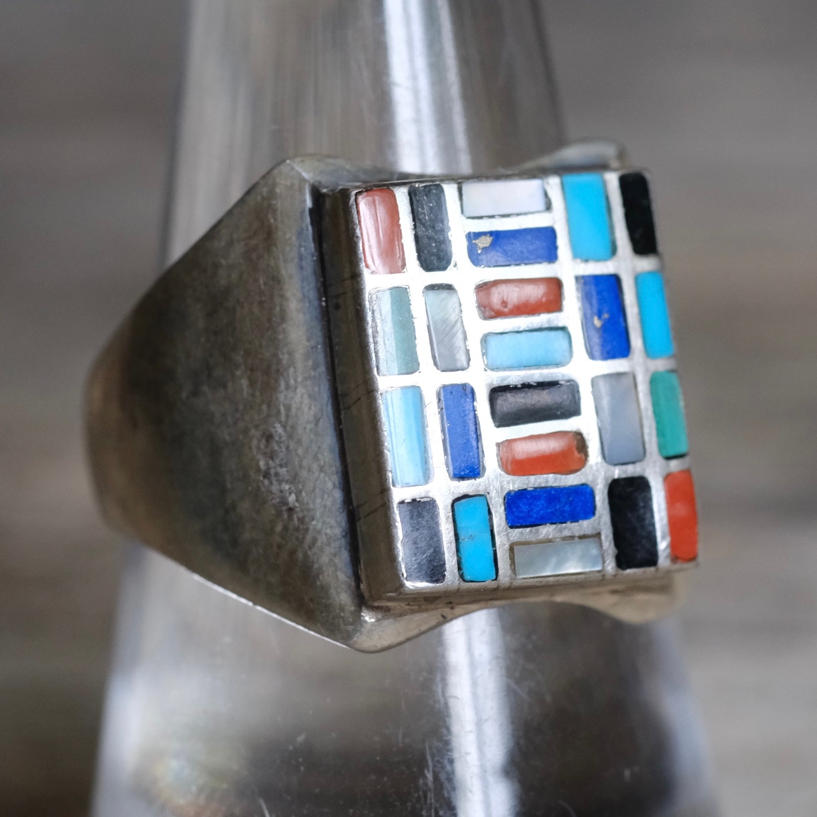 Vintage Sterling Multistone Inlay Mosaic Signet Ring 9
