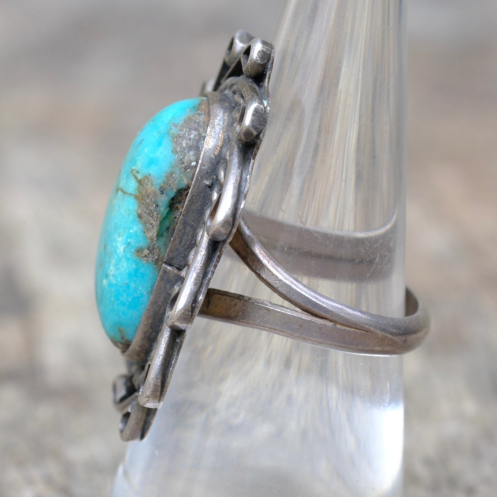 Vintage Sterling Turquoise Florette Ring 7.75