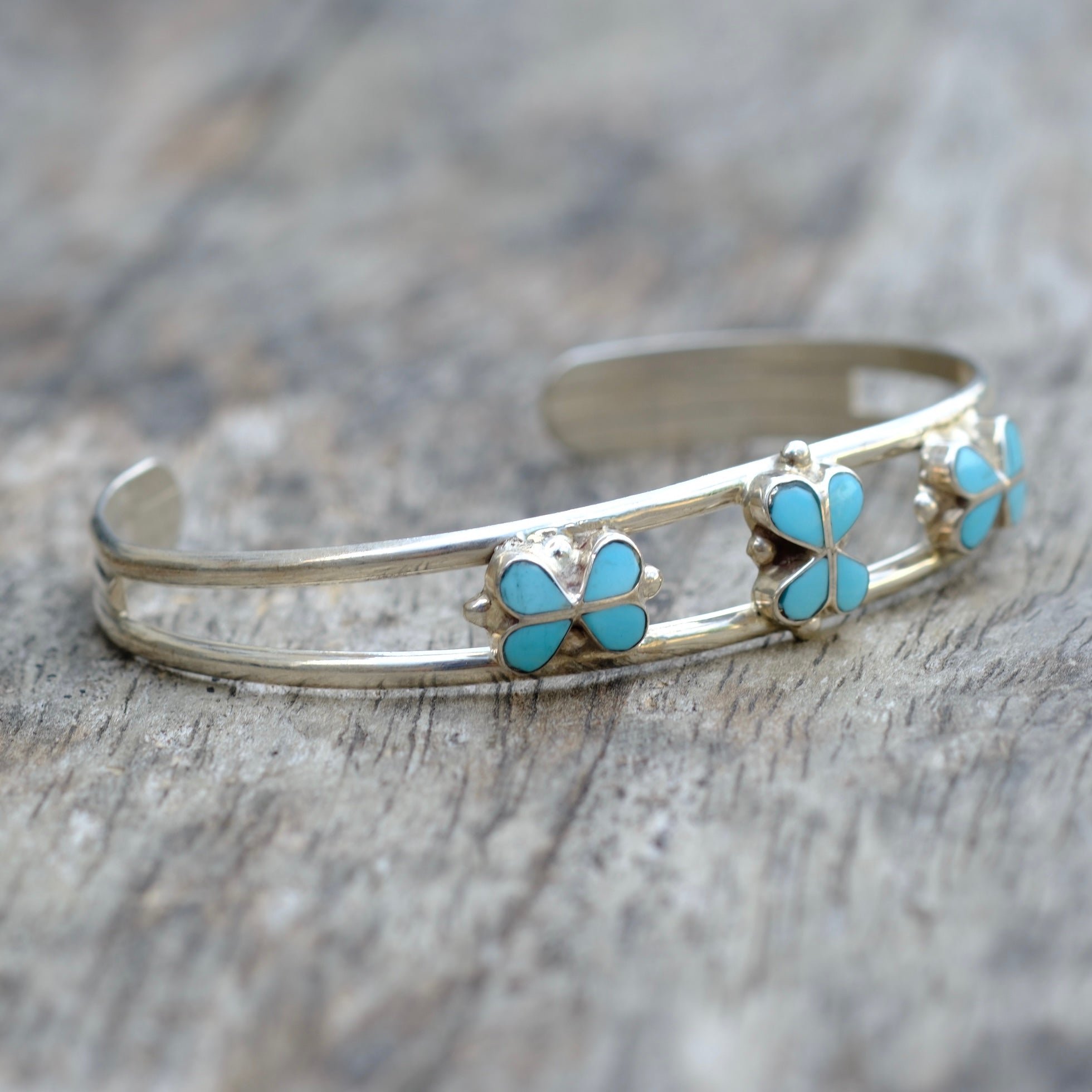 Vintage Sterling Turquoise Inlay Flower Cuff Bracelet