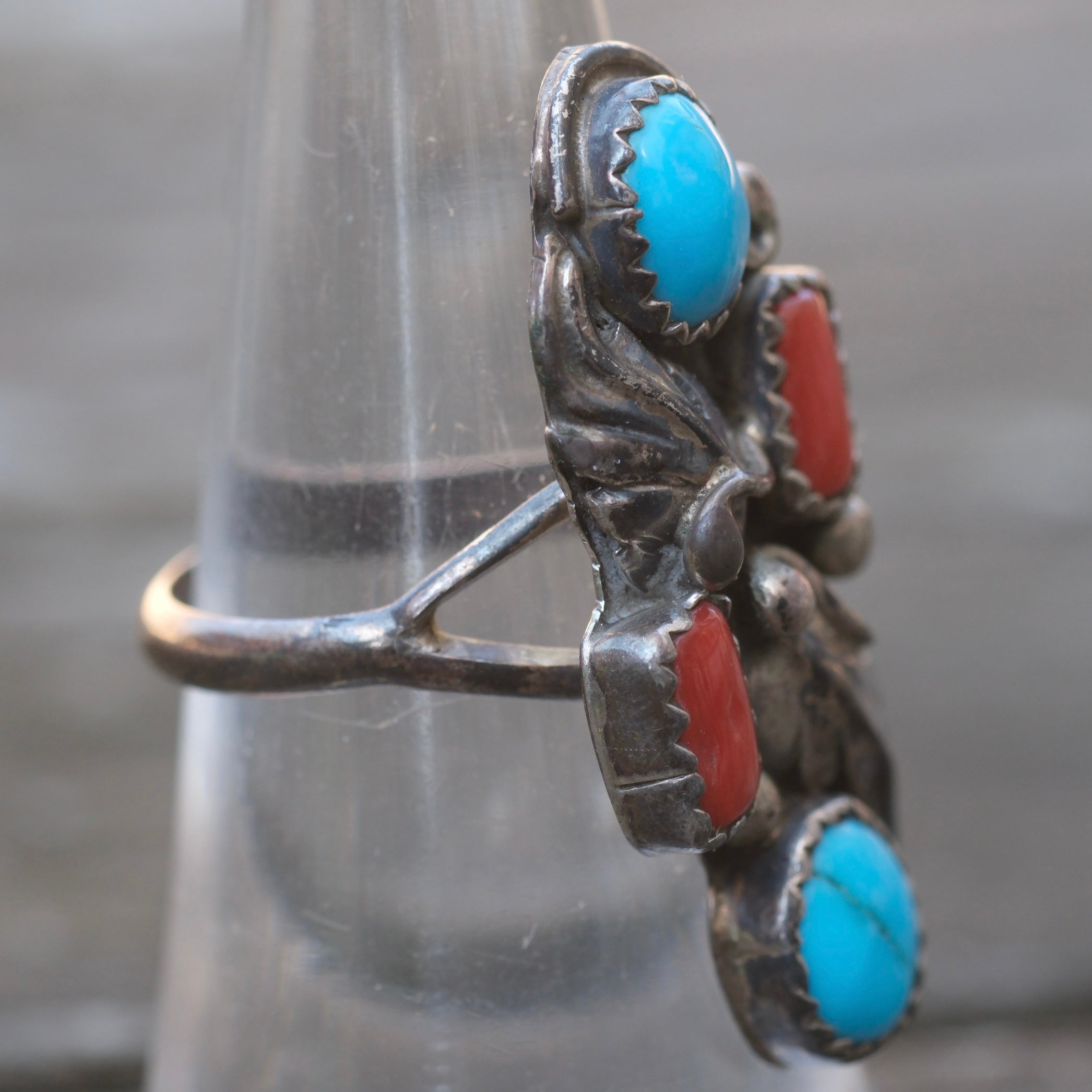 Vintage Sterling Turquoise and Coral Feather Ring 6.75