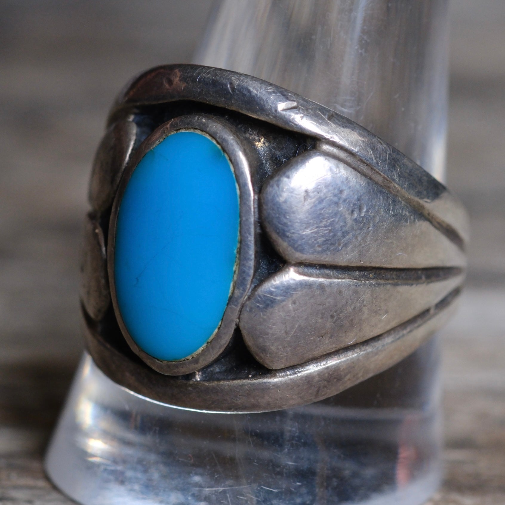Vintage Sterling Turquoise Ribbed Band Ring 11.75