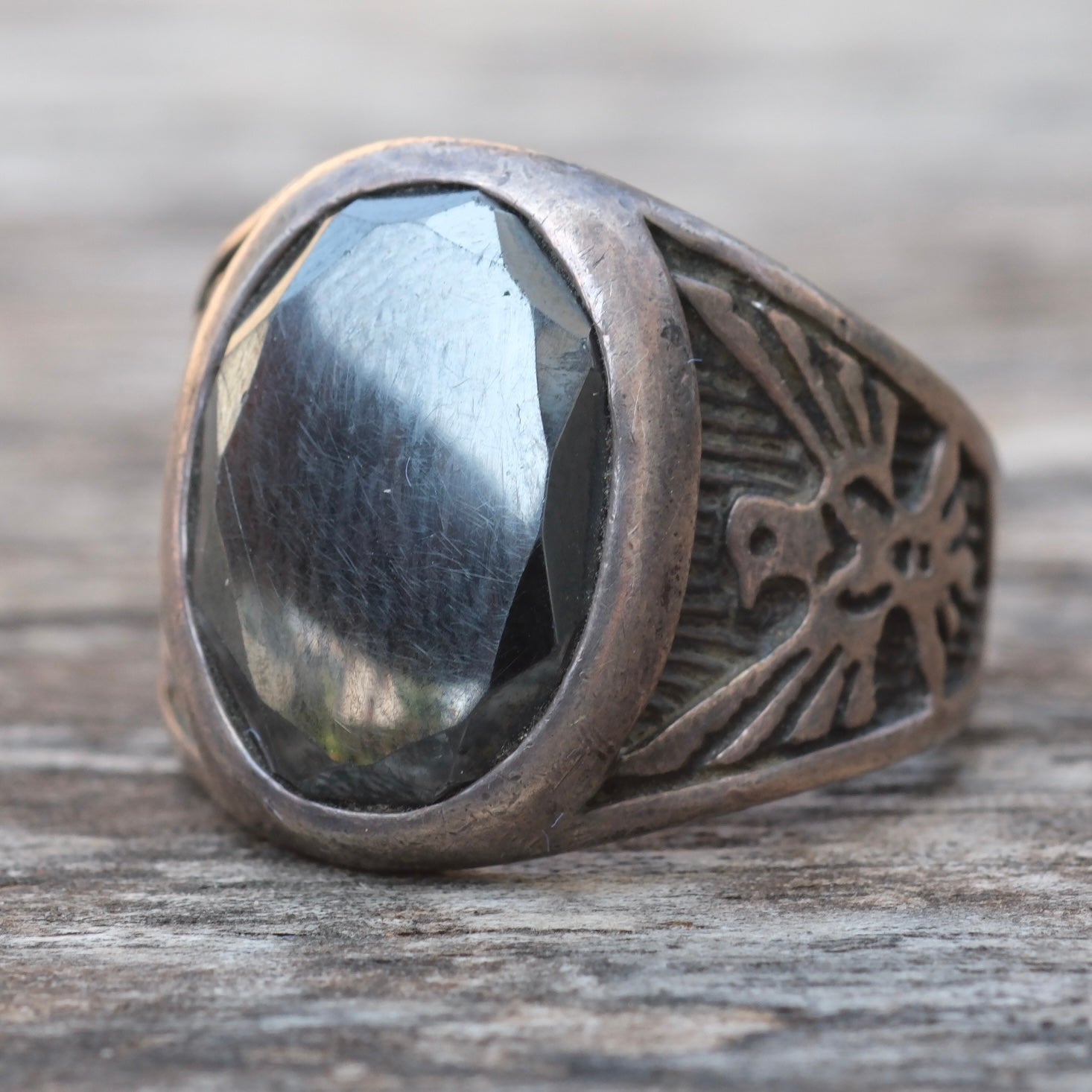 Vintage Sterling Hematite Thunderbird Ring 10