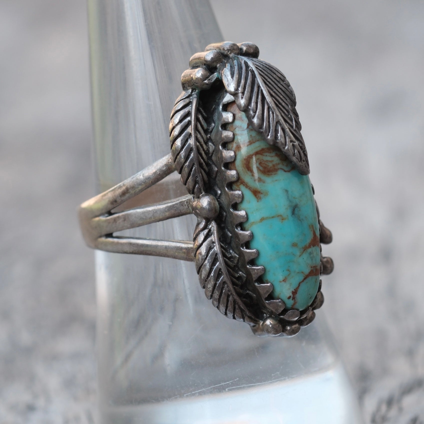 Vintage Sterling Turquoise Feather Ring 8.25