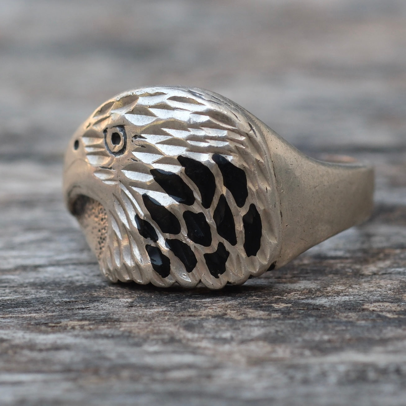 Vintage Sterling Onyx Inlya Eagle Ring 9.25
