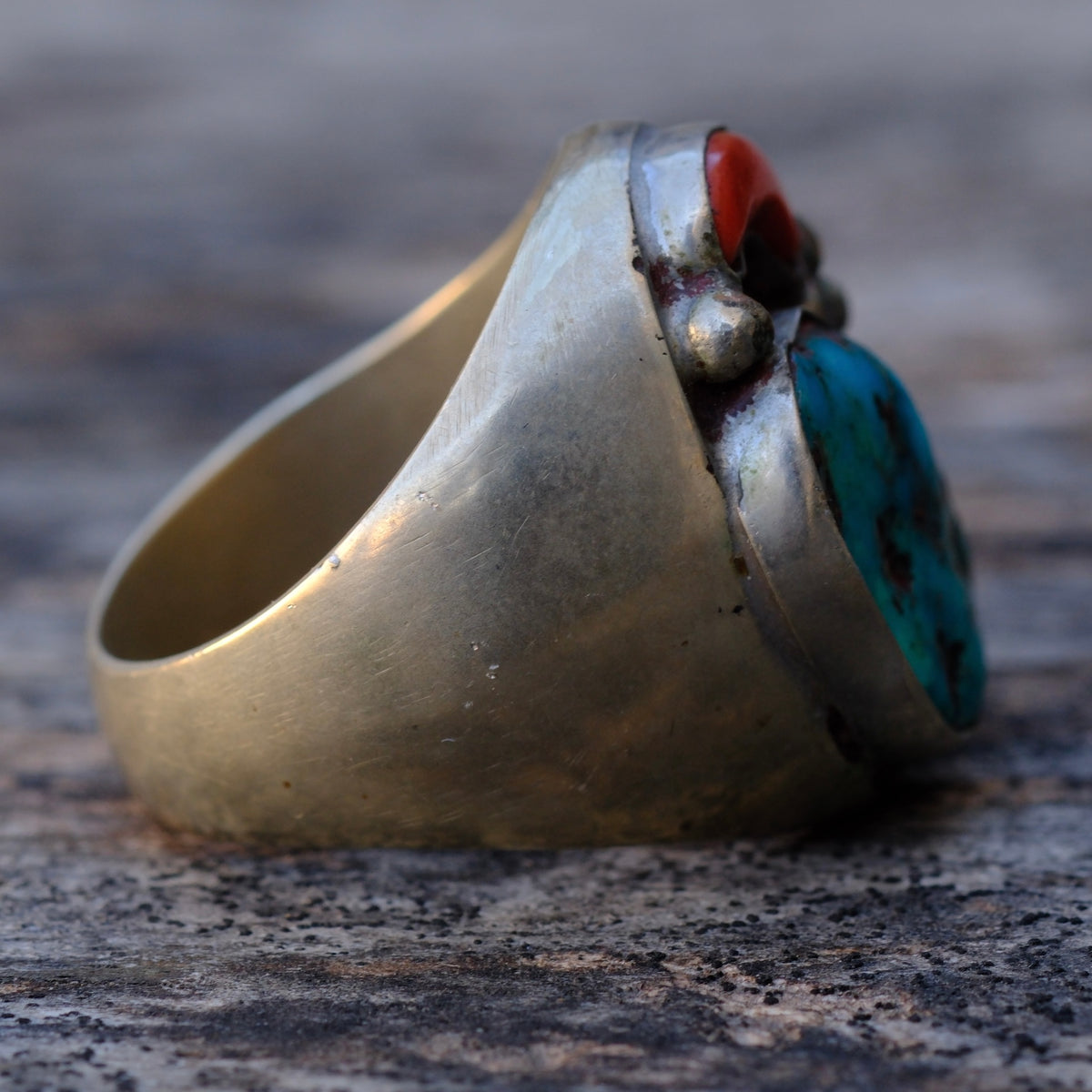 Vintage Sterling Turquoise and Coral Ring 12.5