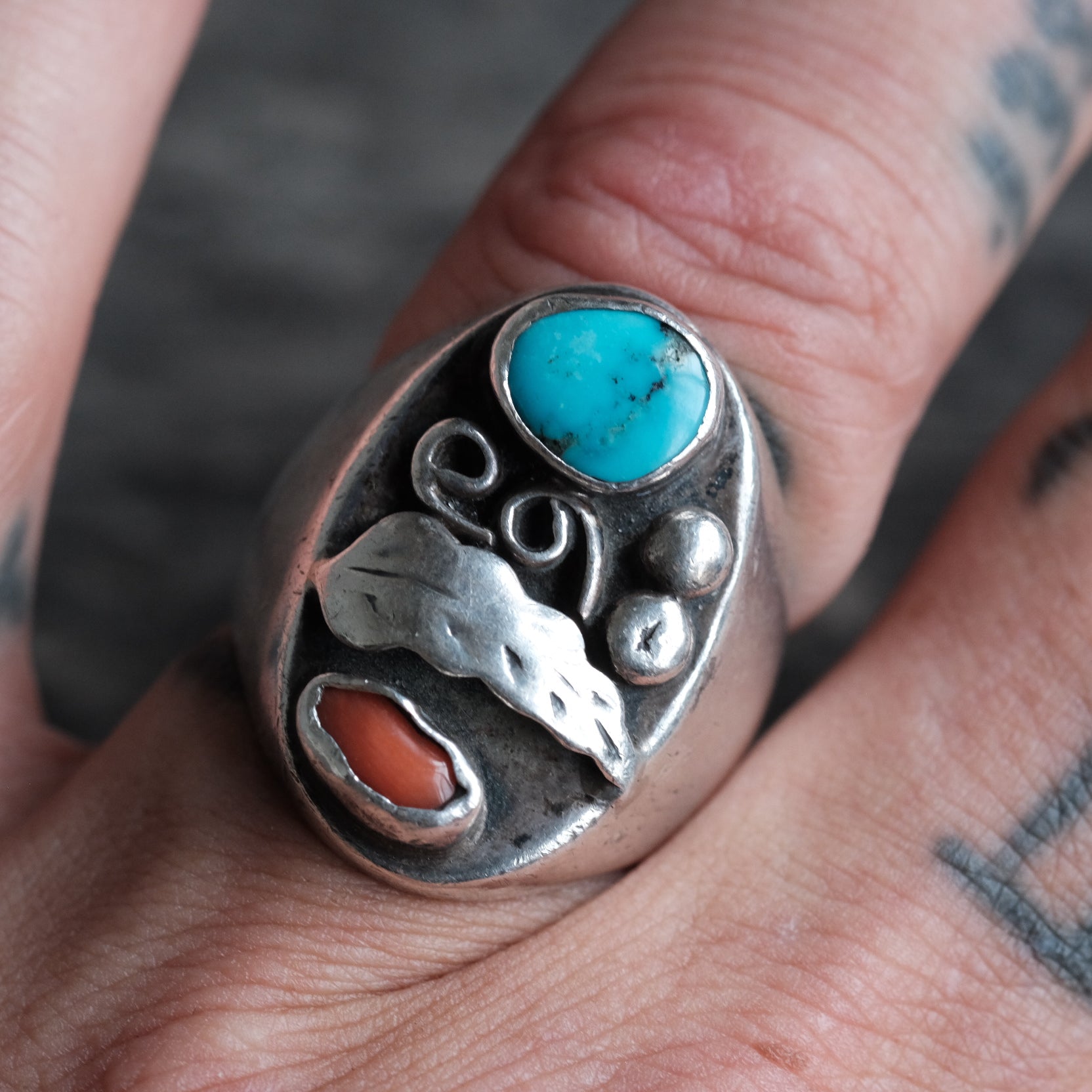 Vintage Sterling Turquoise and Coral Feather Ring 9
