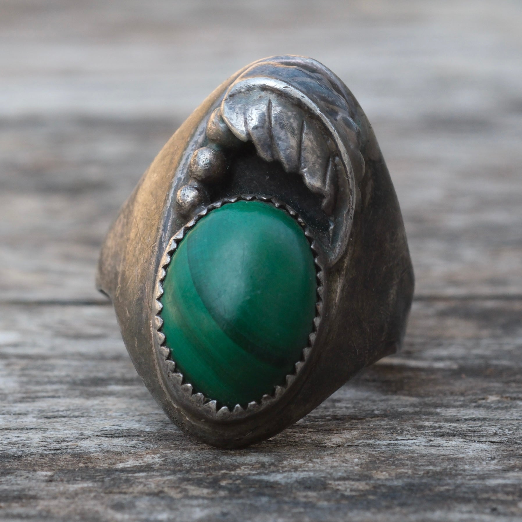 Vintage Sterling Malachite Feather Ring 7.5