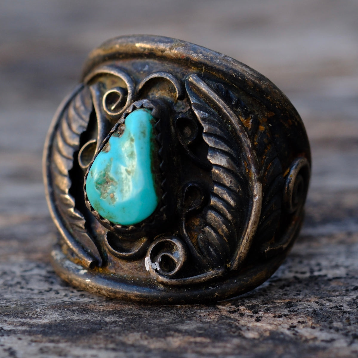 Vintage Sterling Turquoise Feather Ring 10.5