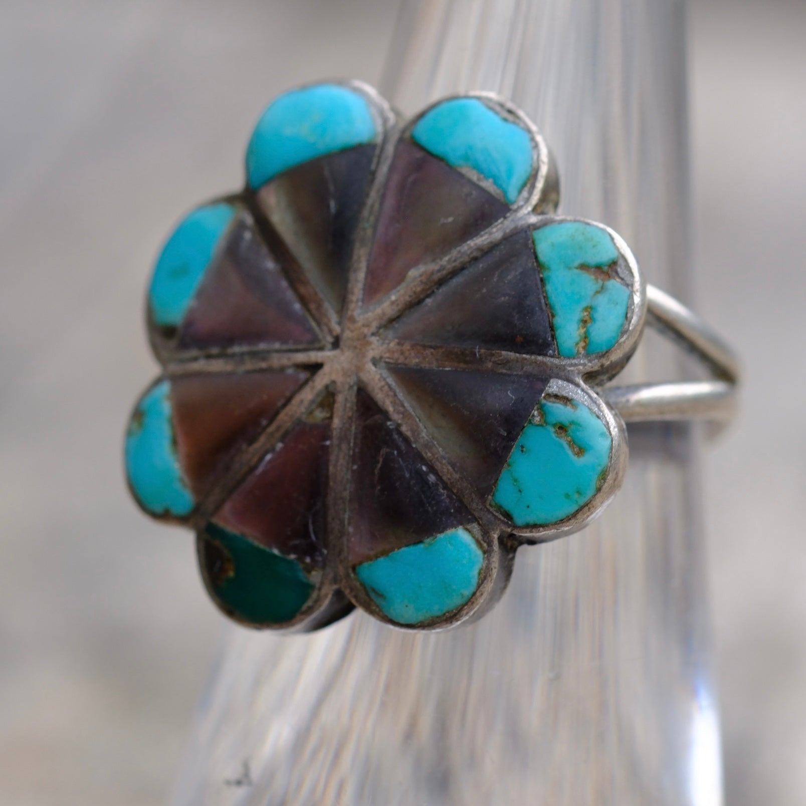 Vintage Sterling Abalone and Turquoise Flower Ring 5