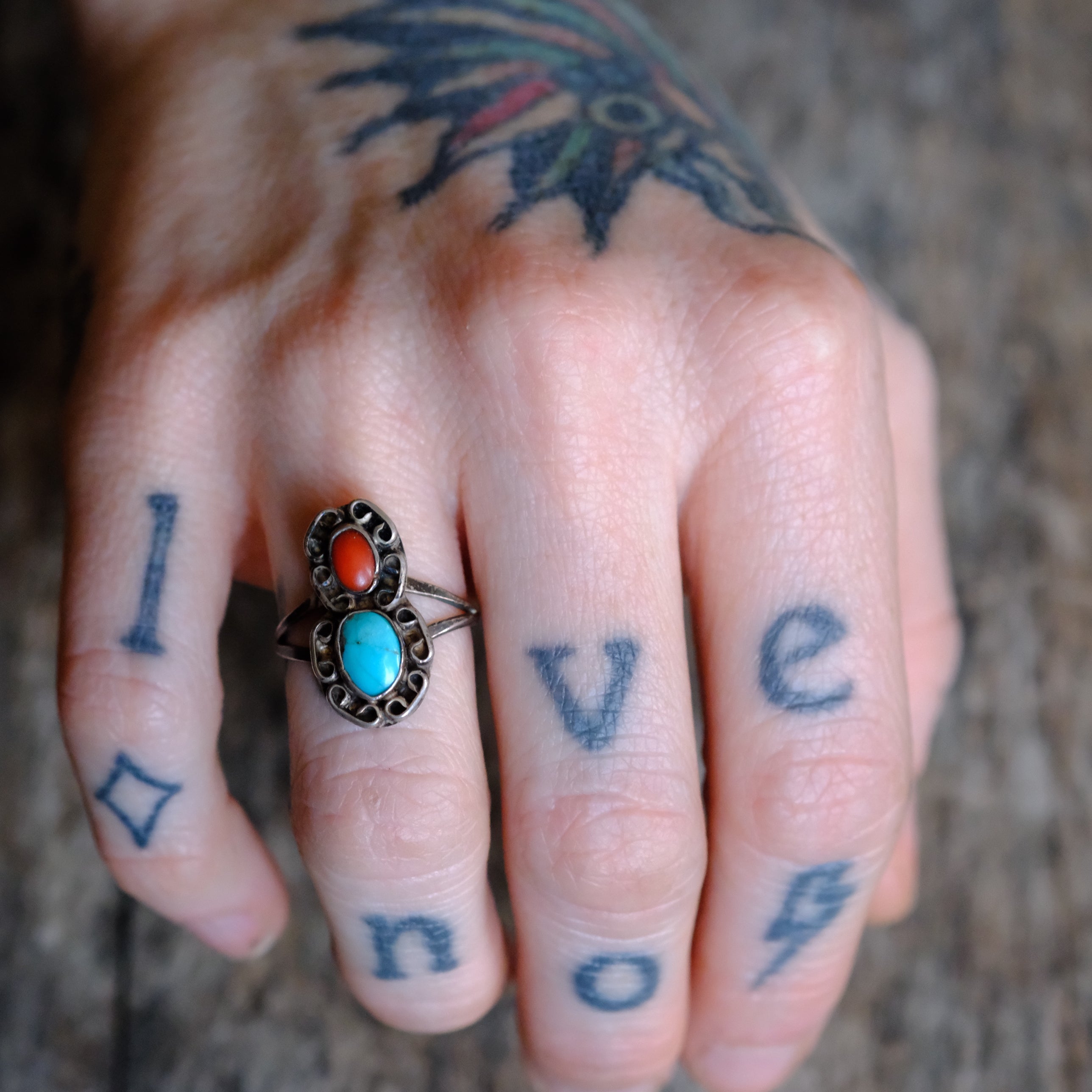 Vintage Sterling Turquoise and Coral Ring 5.75