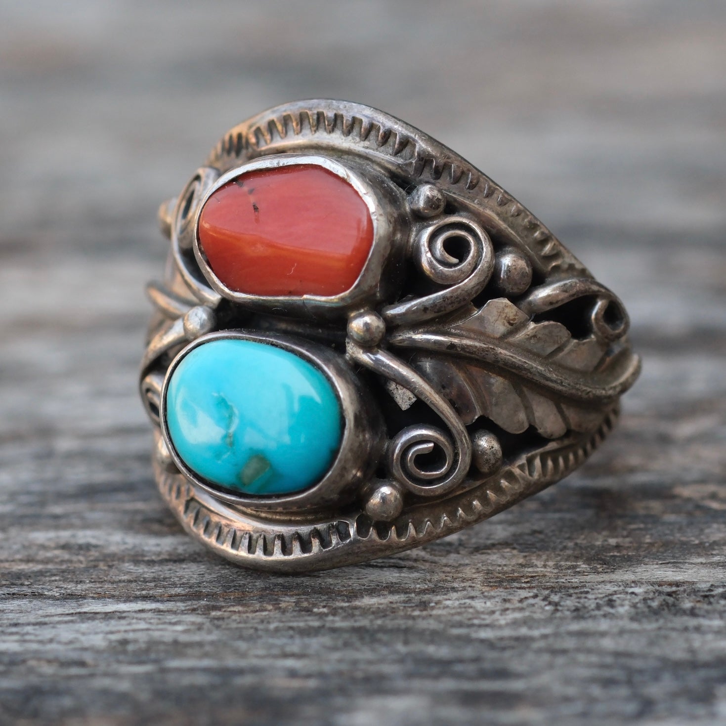 Vintage Sterling Turquoise and Coral Feather Ring 7.75