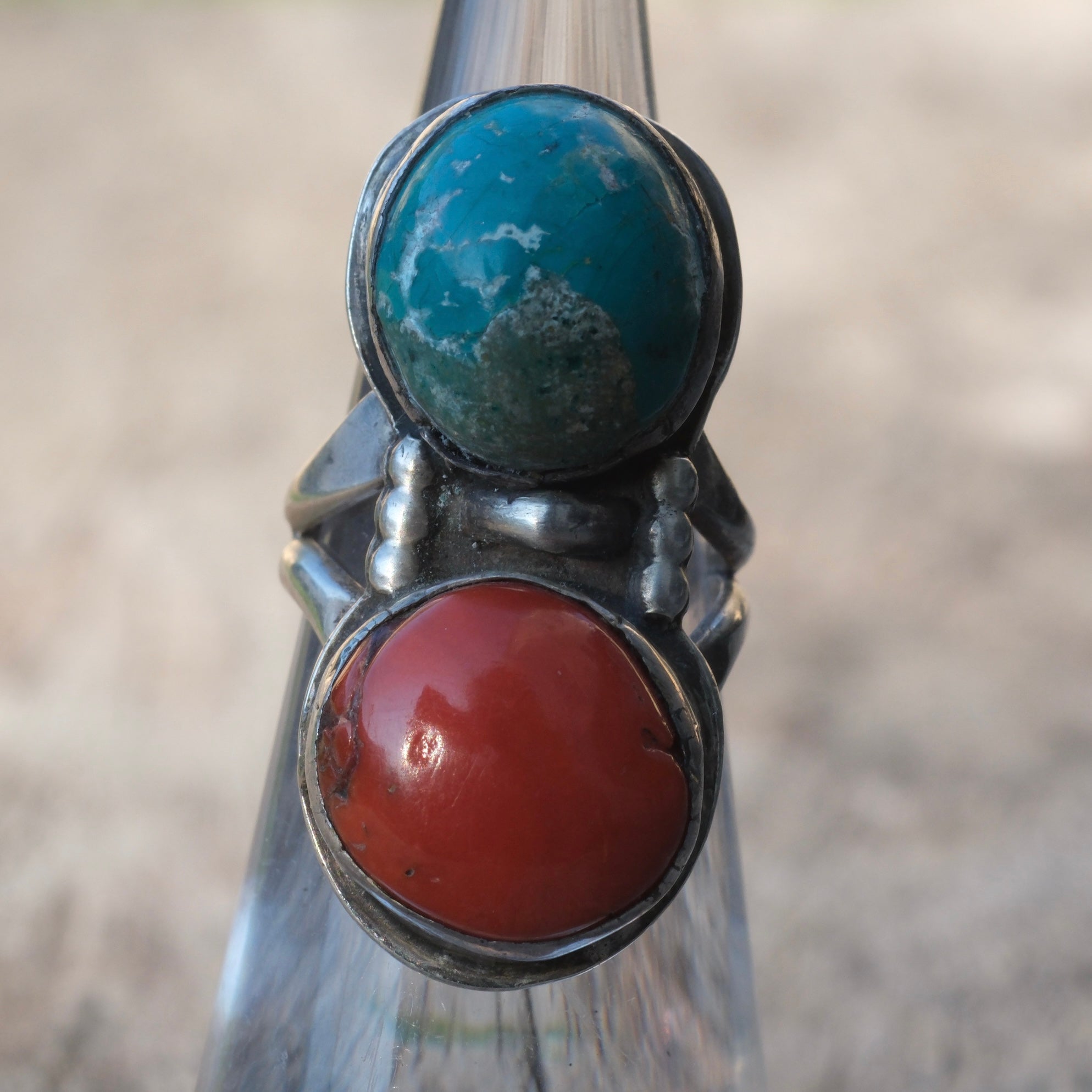 Vintage Sterling Turquoise and Coral Ring 3.5