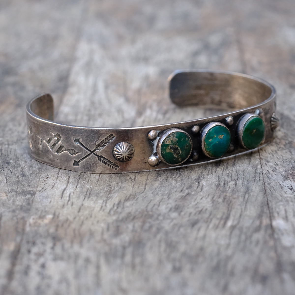 Vintage Sterling 3-Stone Turquoise Stamped Cuff Bracelet