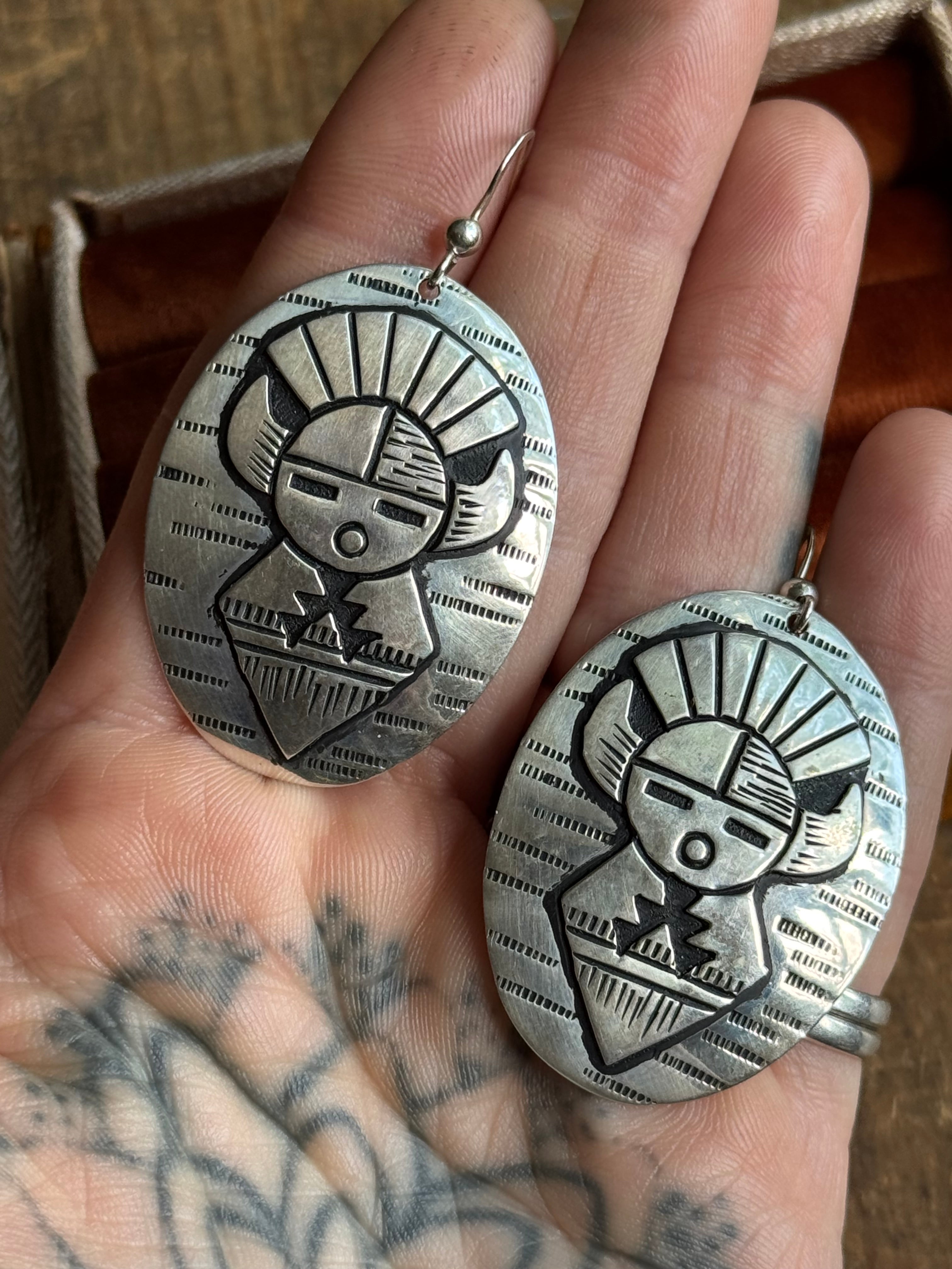 Vintage Sterling Silver Hopi Buffalo Sunface Earrings