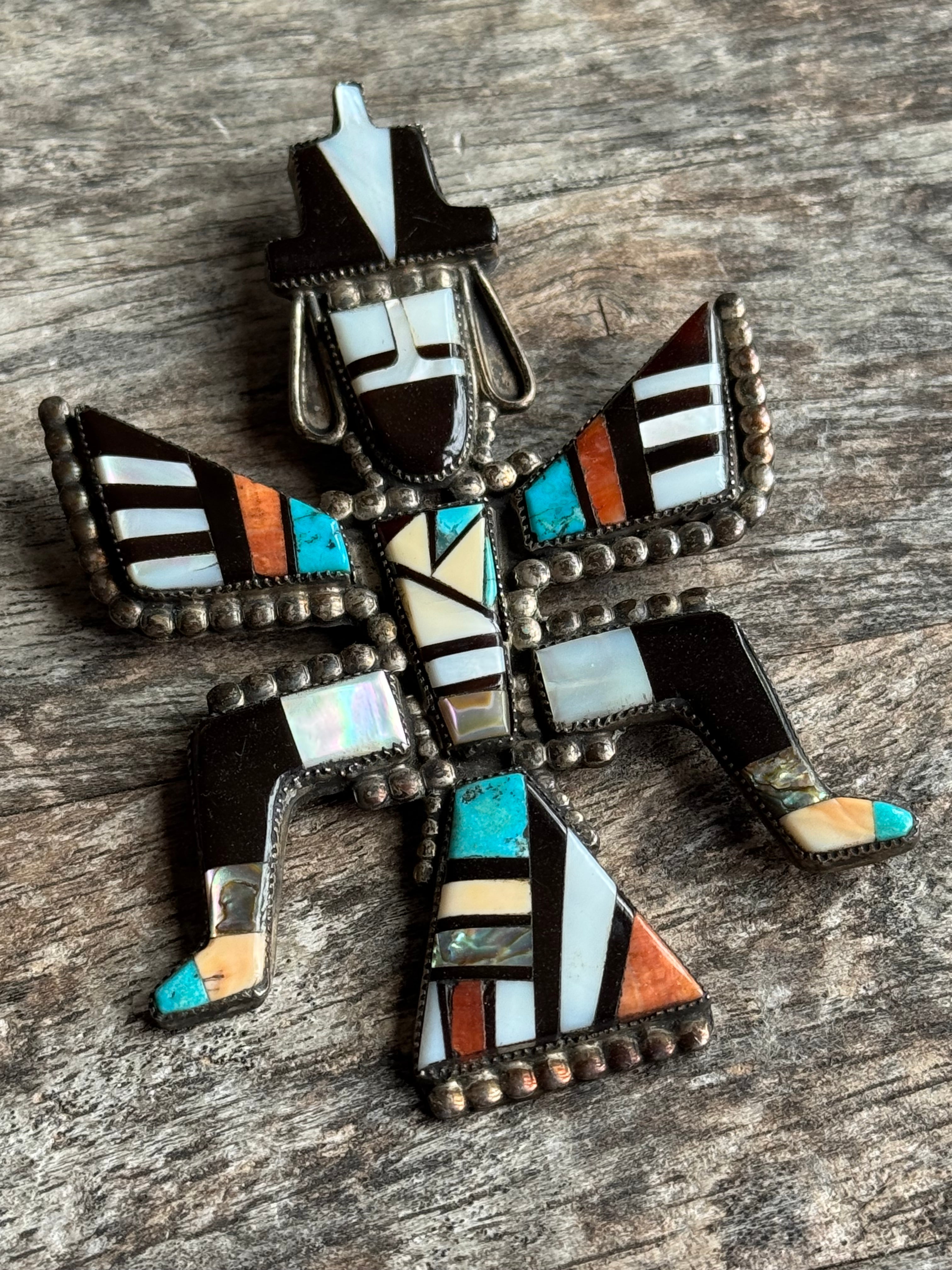 MASSIVE Vintage Sterling Silver Multistone Inlay Kachina Pin