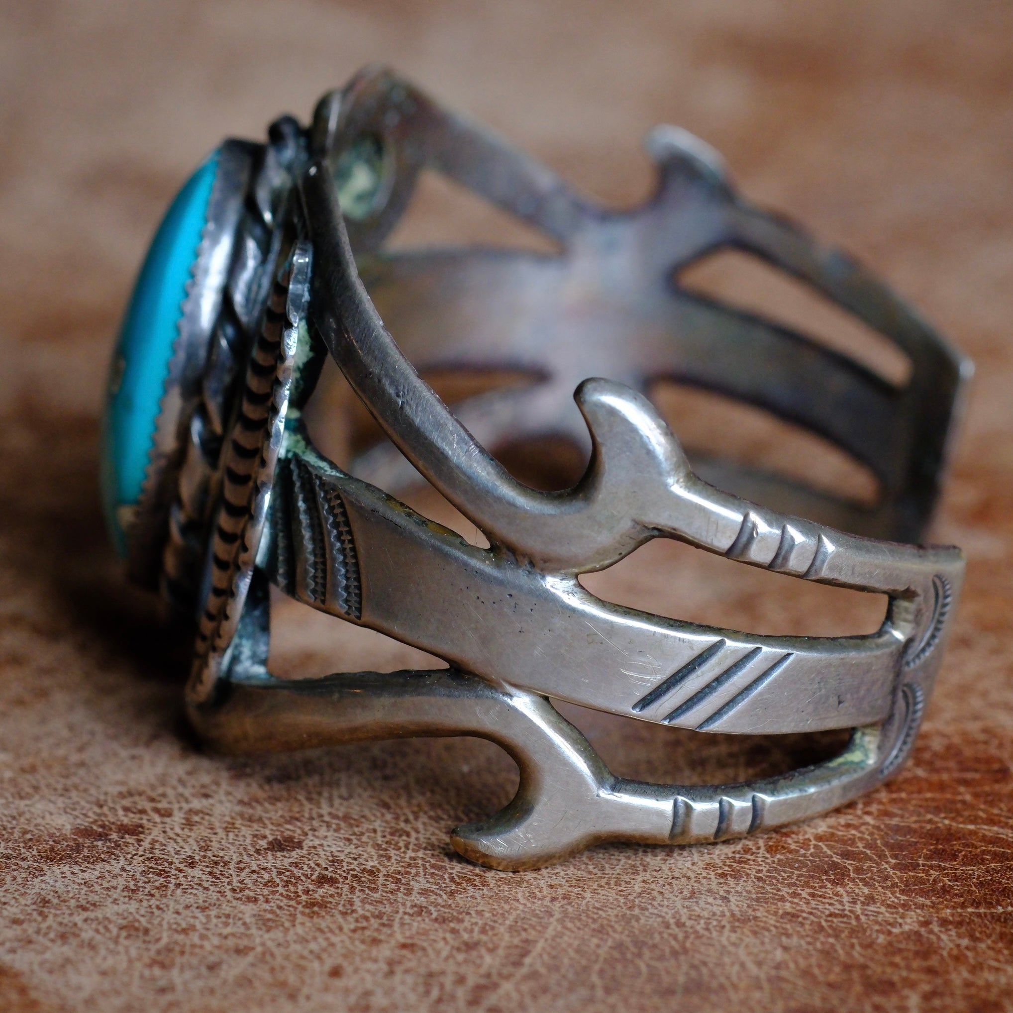 Vintage Sterling Turquoise Sandcast Cuff Bracelet