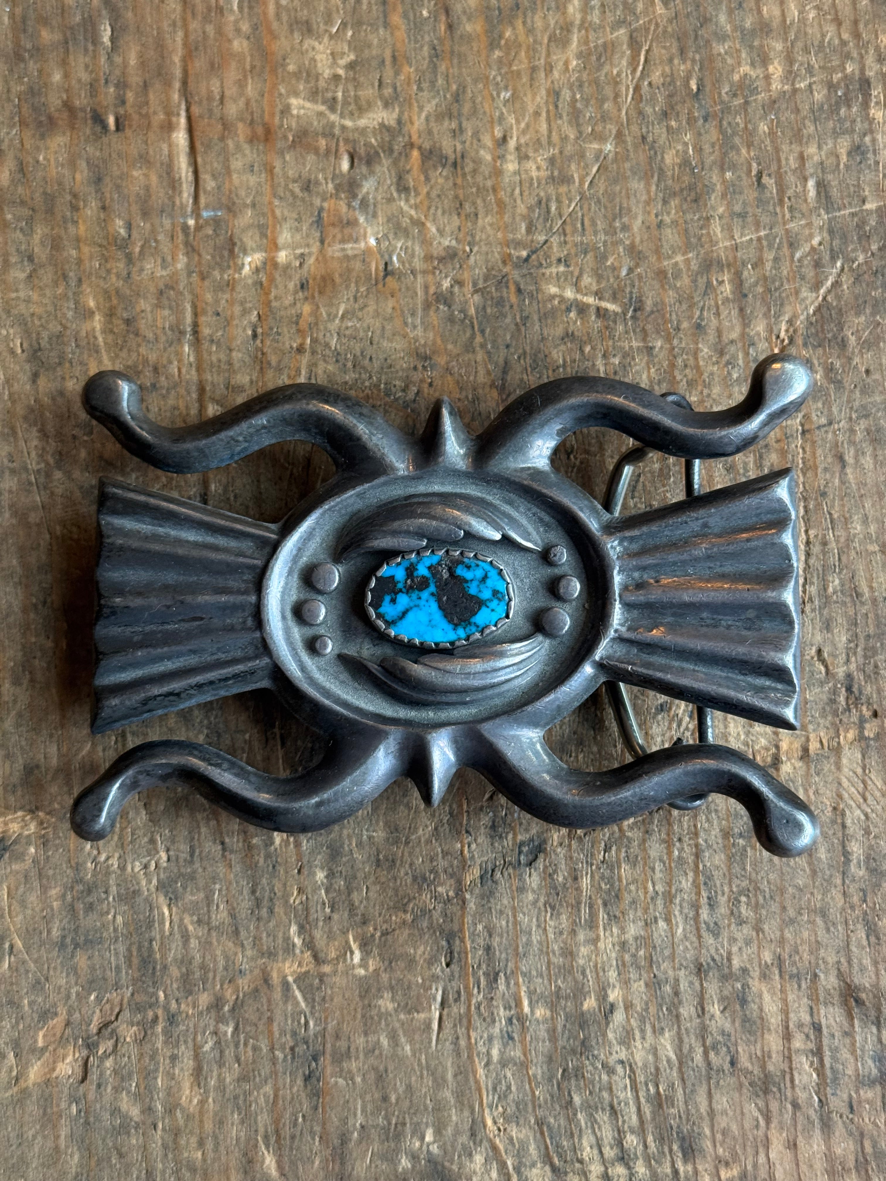 Vintage Sterling Silver Turquoise Sandcast Belt Buckle