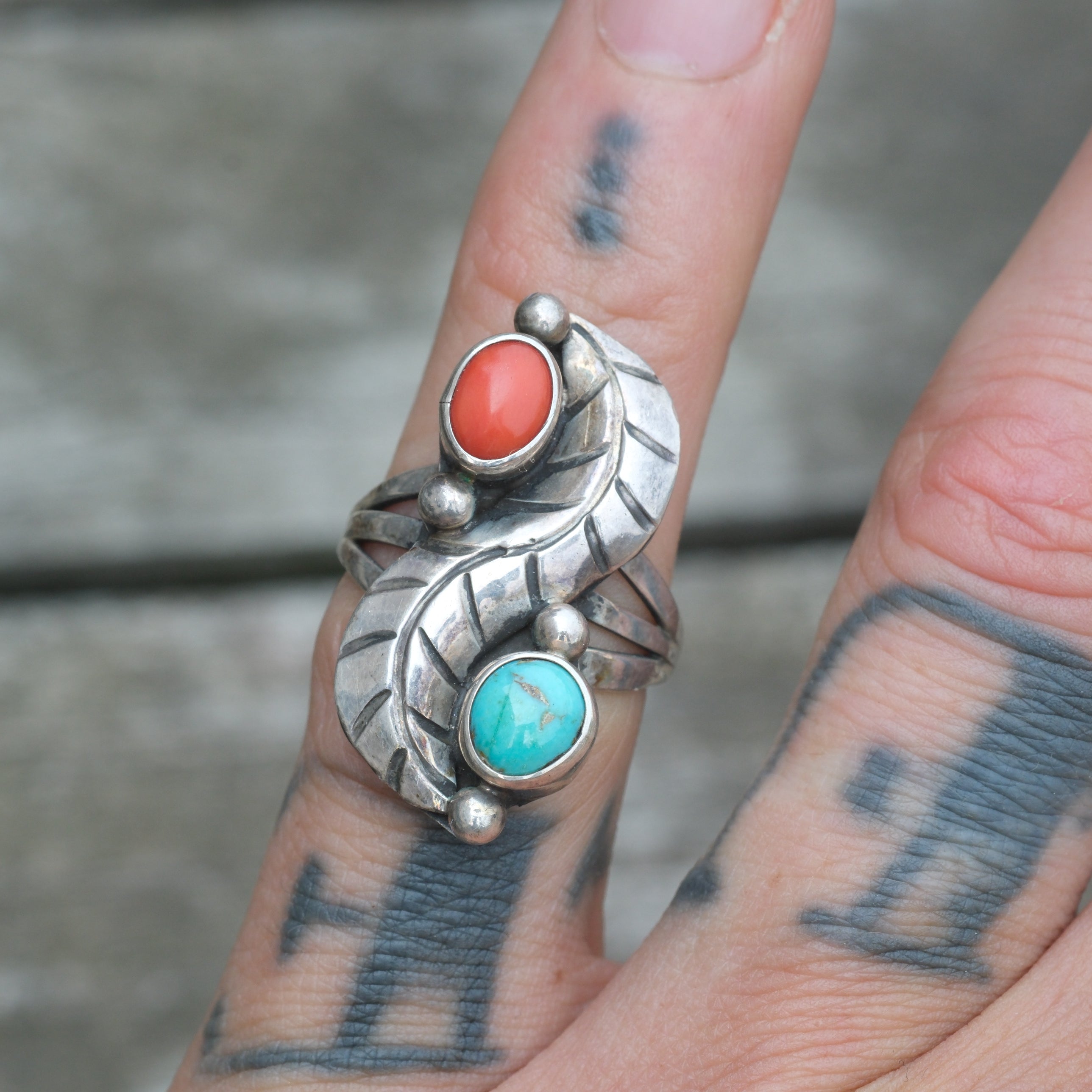 Vintage Sterling Turquoise and Coral Feather Ring 5.25
