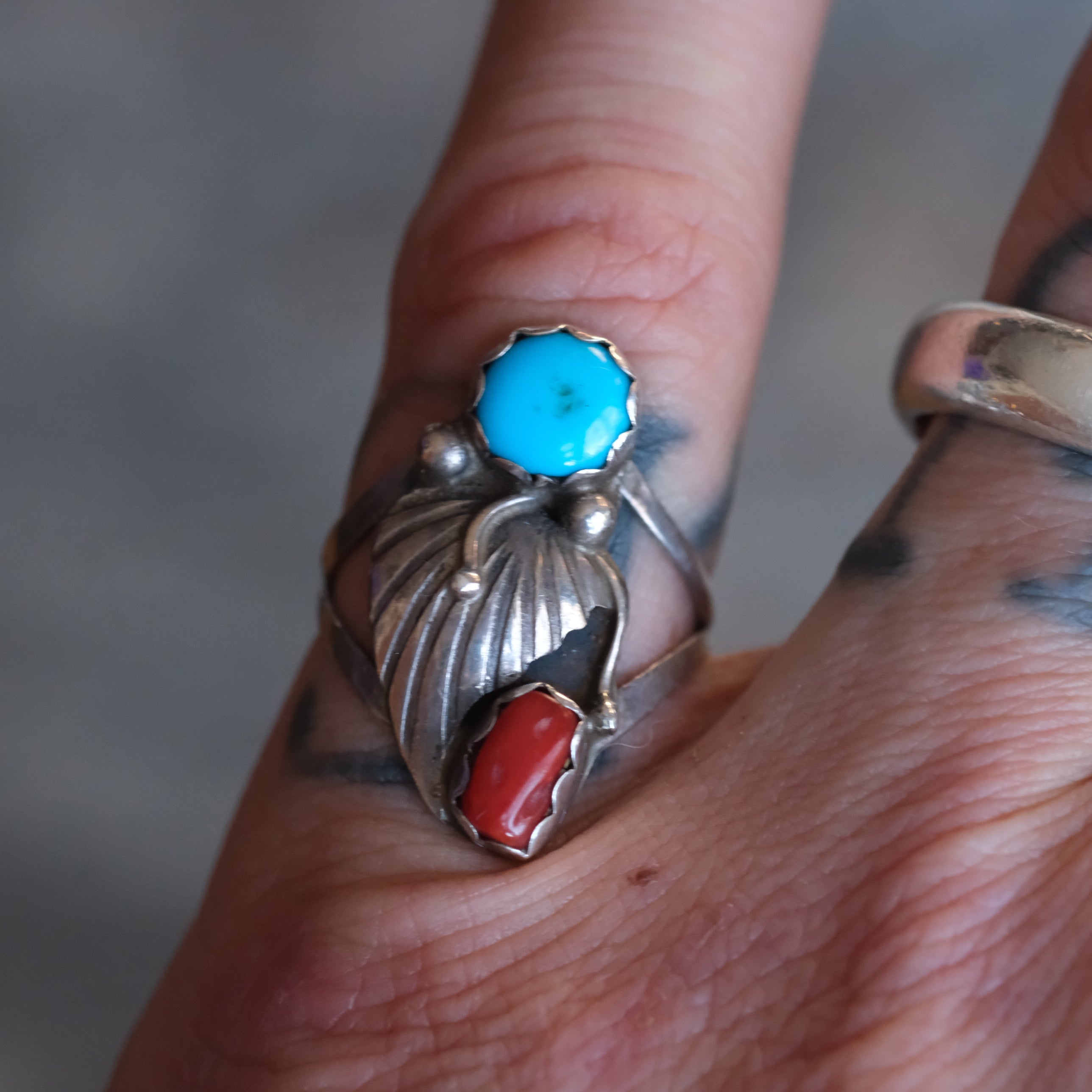 Vintage Sterling Turquoise and Coral Feather Ring 5.75