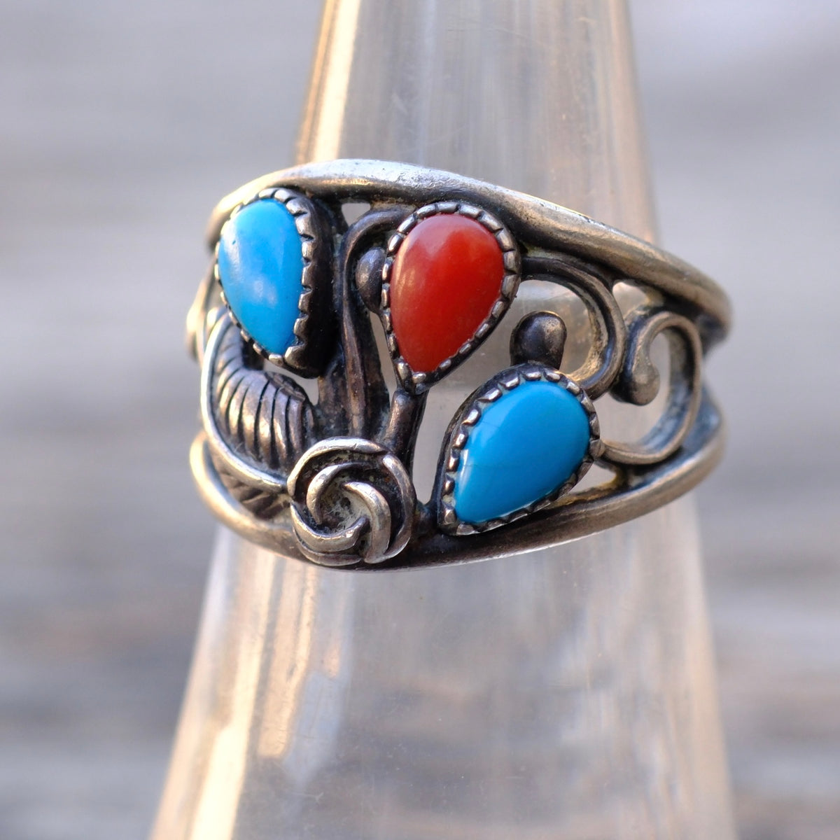 Vintage Sterling Turquoise and Coral Feather Ring 6.75