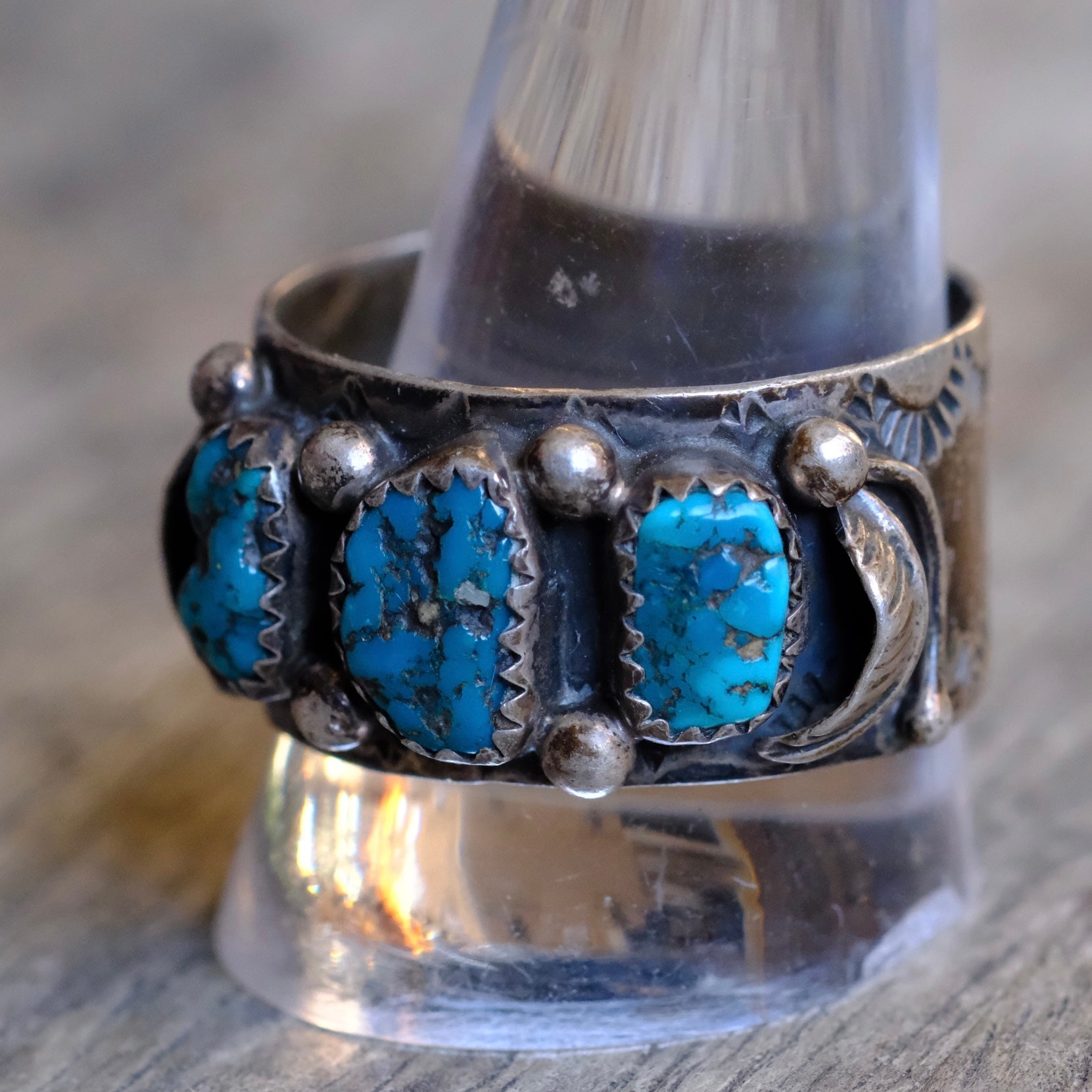 Vintage Navajo Sterling Turquoise Feather Stamped Band Ring Terry Martinez 13