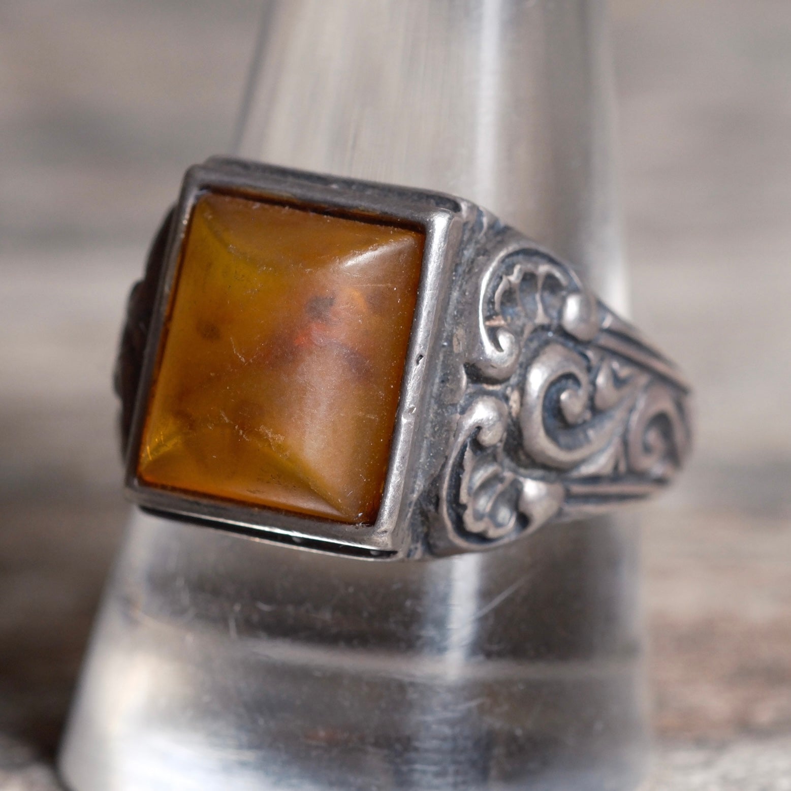 Vintage Sterling Amber Signet Ring 11