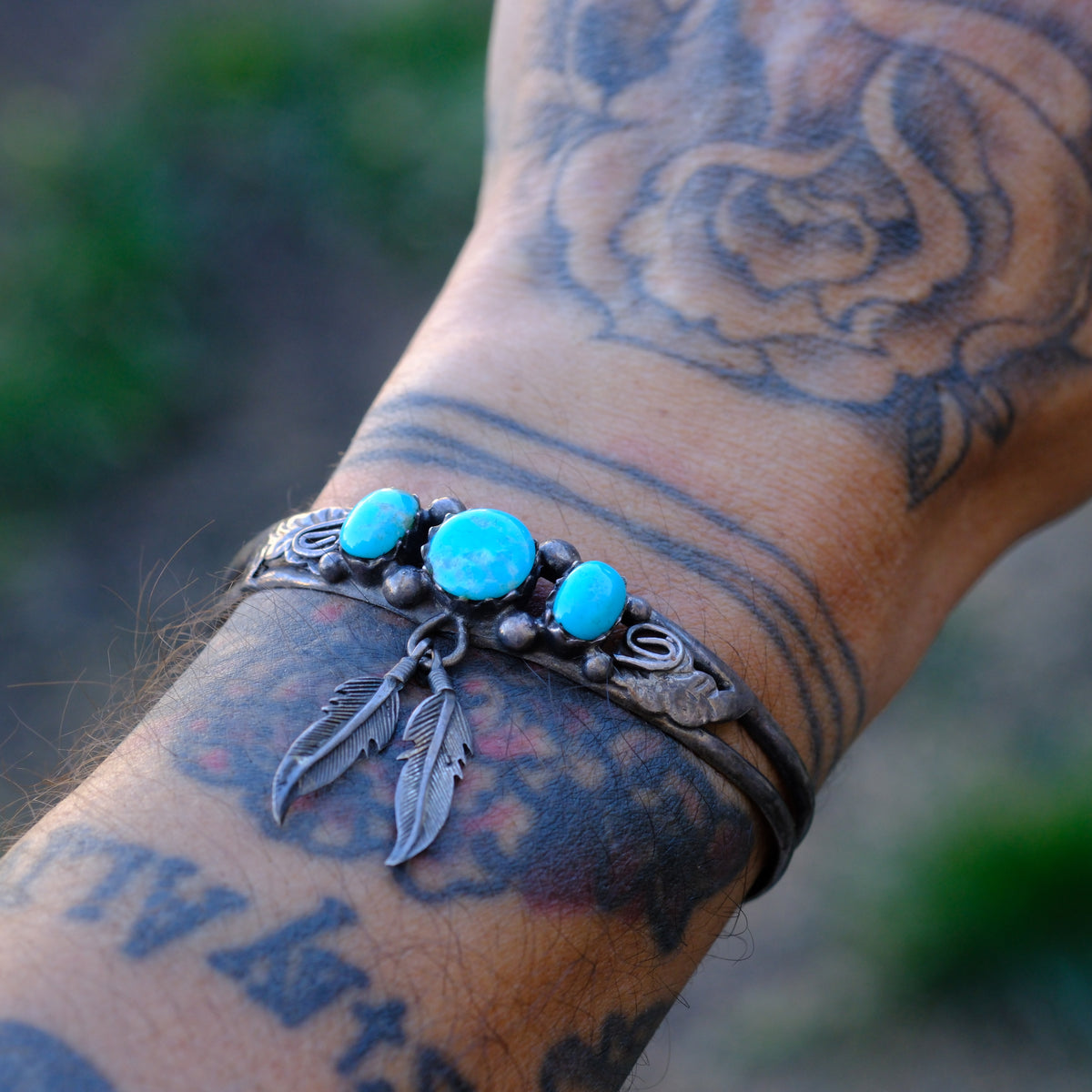 Vintage Sterling Turquoise Feather Cuff Bracelet