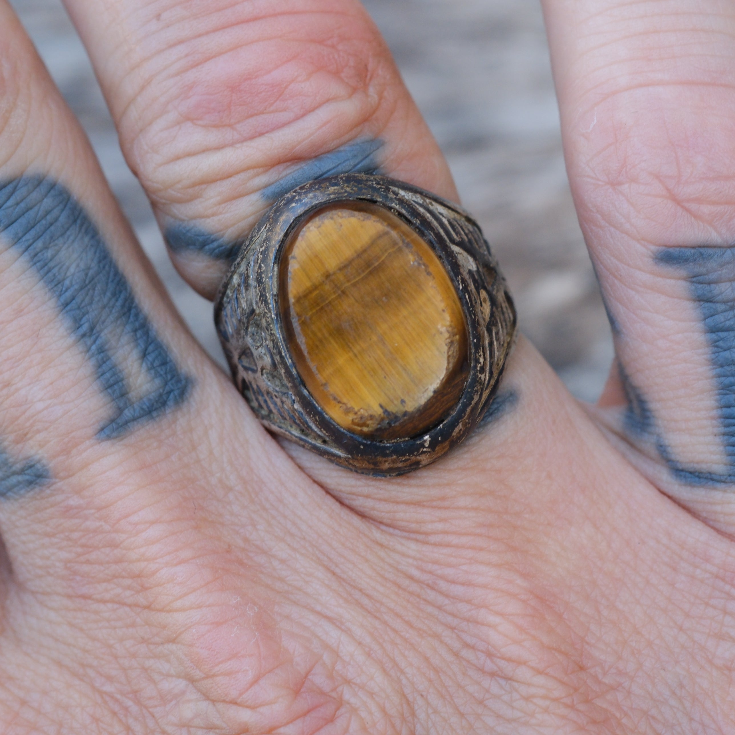 Vintage Sterling Tigers Eye Thunderbird Ring 7.5