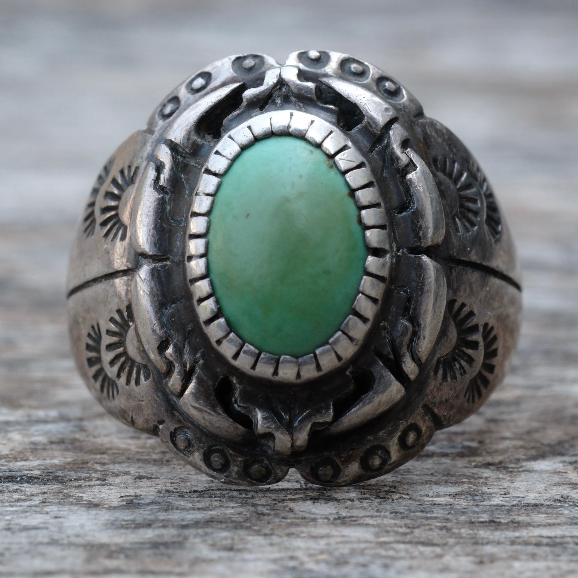 Vintage Sterling Turquoise Stamped Band Ring 12