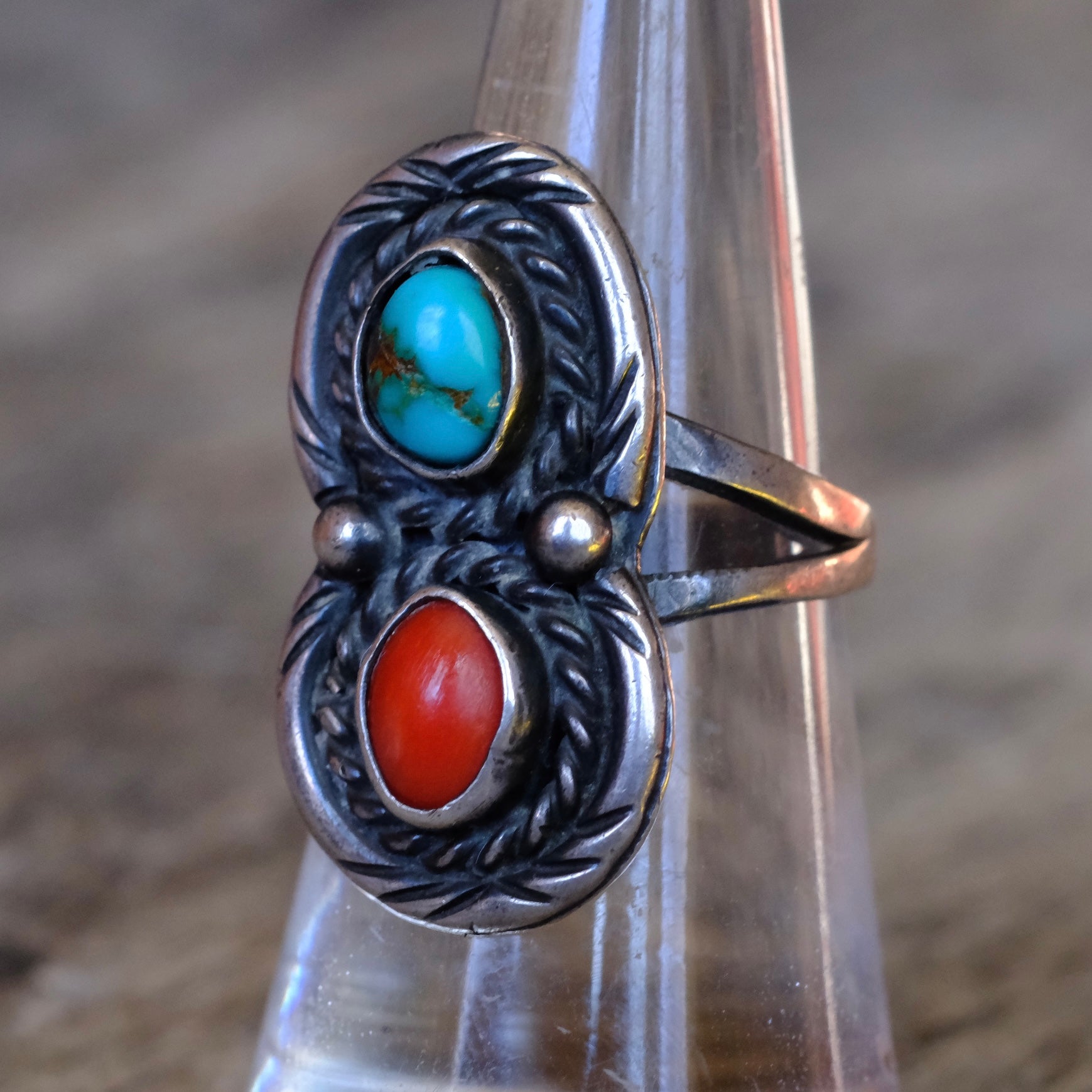 Vintage Sterling Turquoise and Coral Roper Ring 7