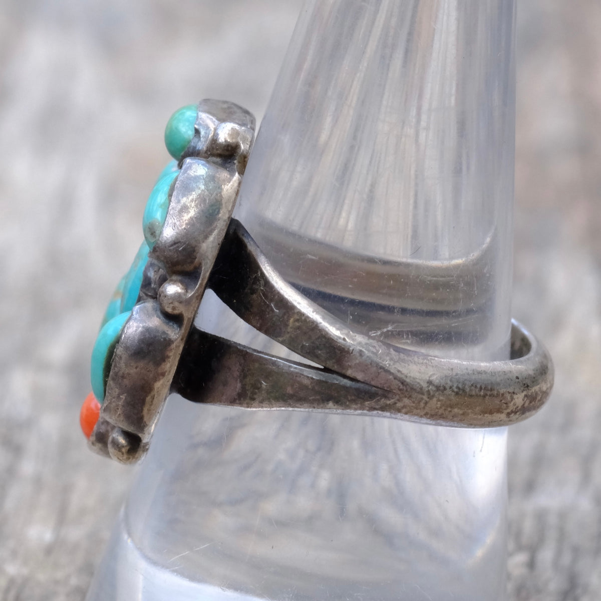 Vintage Sterling Turquoise and Coral Cluster Ring 8.75