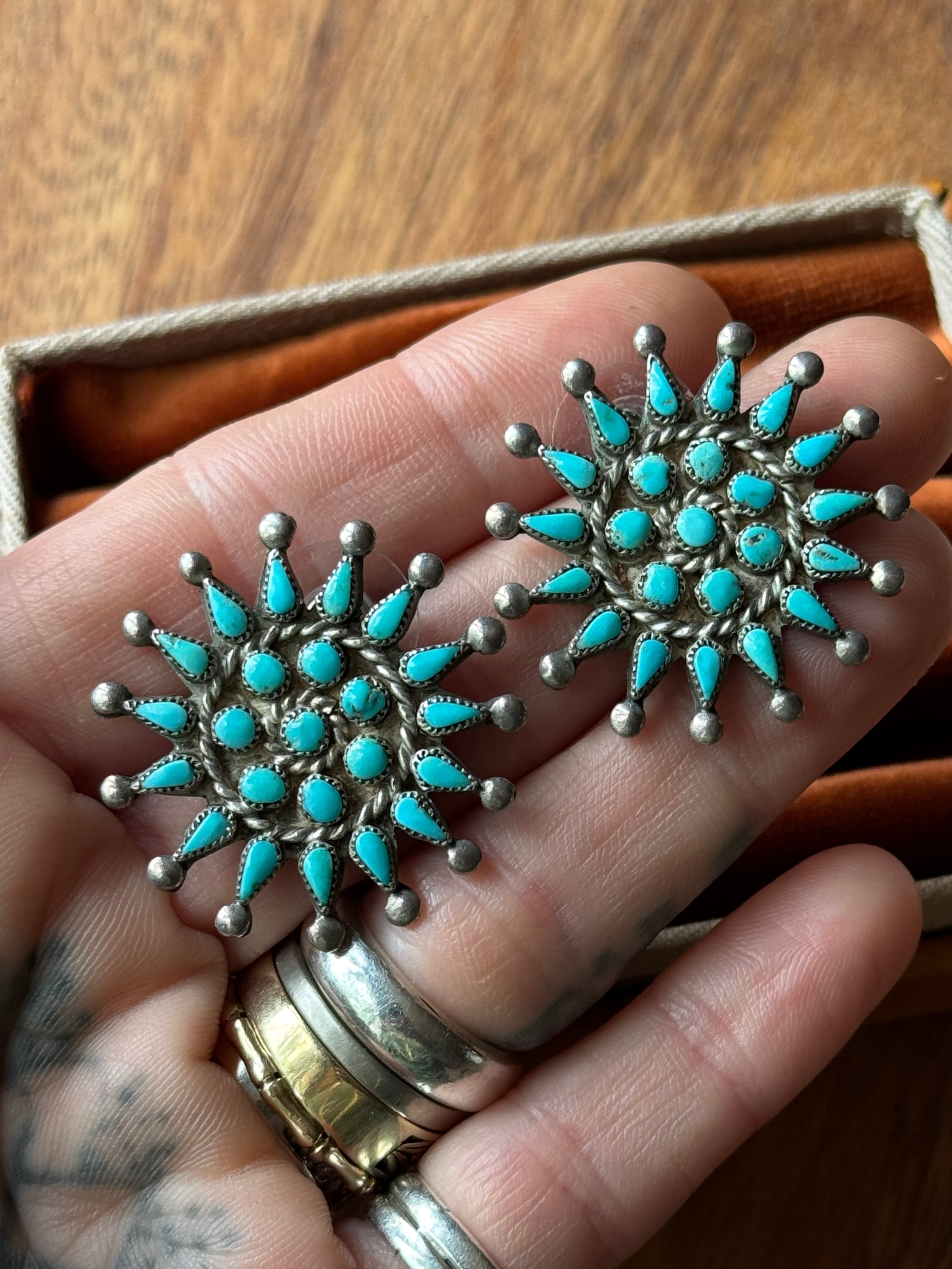 Vintage Sterling Silver Turquoise Cluster Earrings