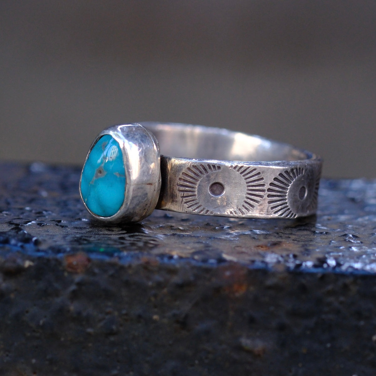 Sterling Silver Lone Mountain Turquoise Stamped Band Ring 6.5