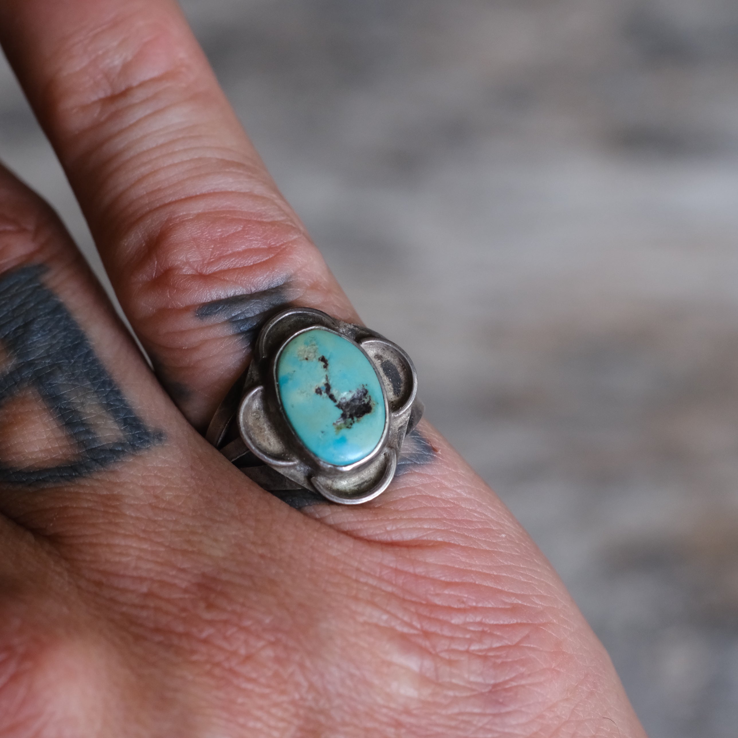 Vintage Sterling Turquoise Florette Ring 5.75