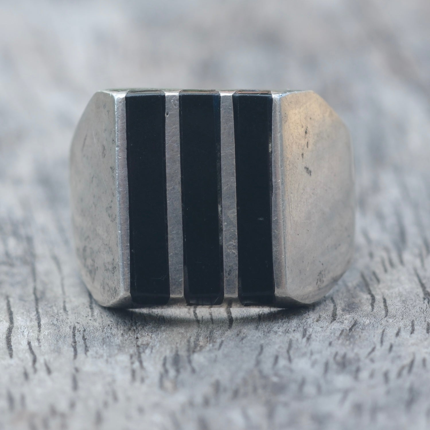 Vintage Sterling Onyx Inlay Striper Ring 10.5