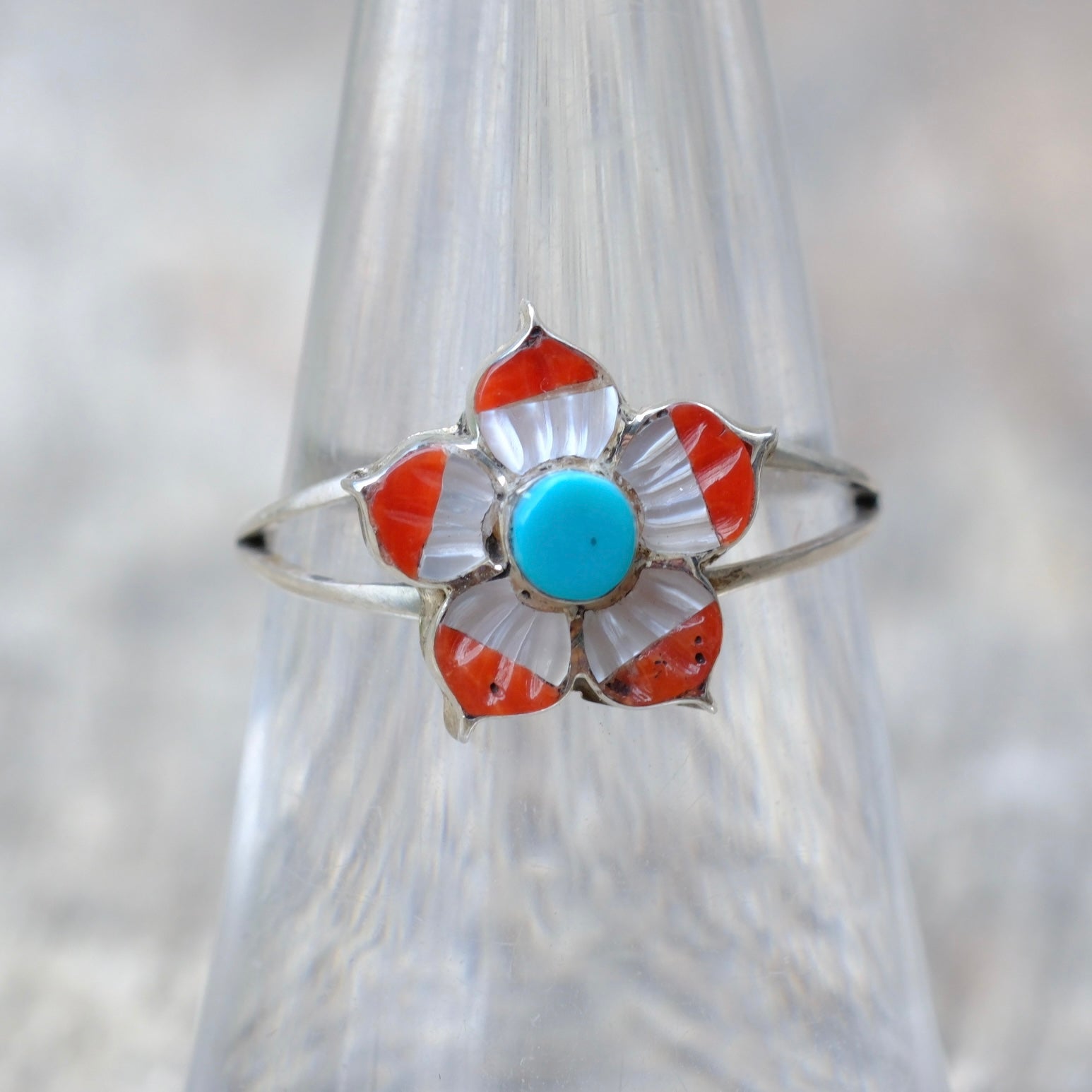 Vintage Sterling Silver Multistone Inlay Flower Ring 6.75