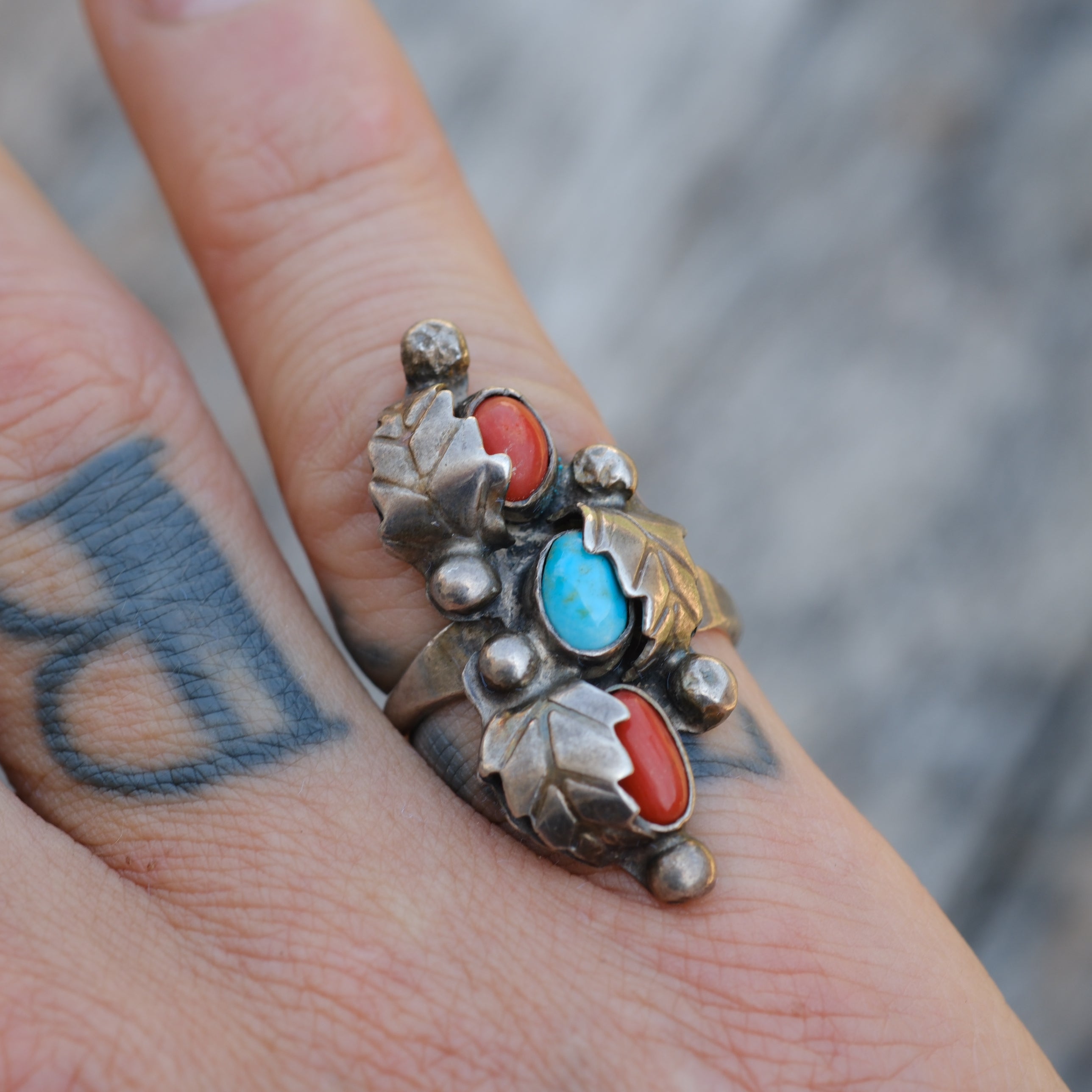 Vintage Sterling Turquoise and Coral Feather Ring 6