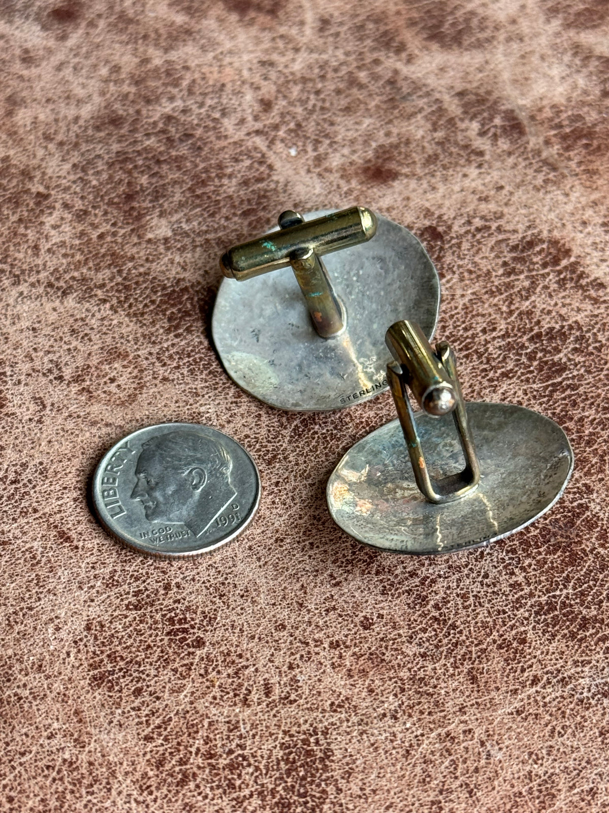 Vintage Sterling Silver Stamped Turquoise Concho Cufflinks