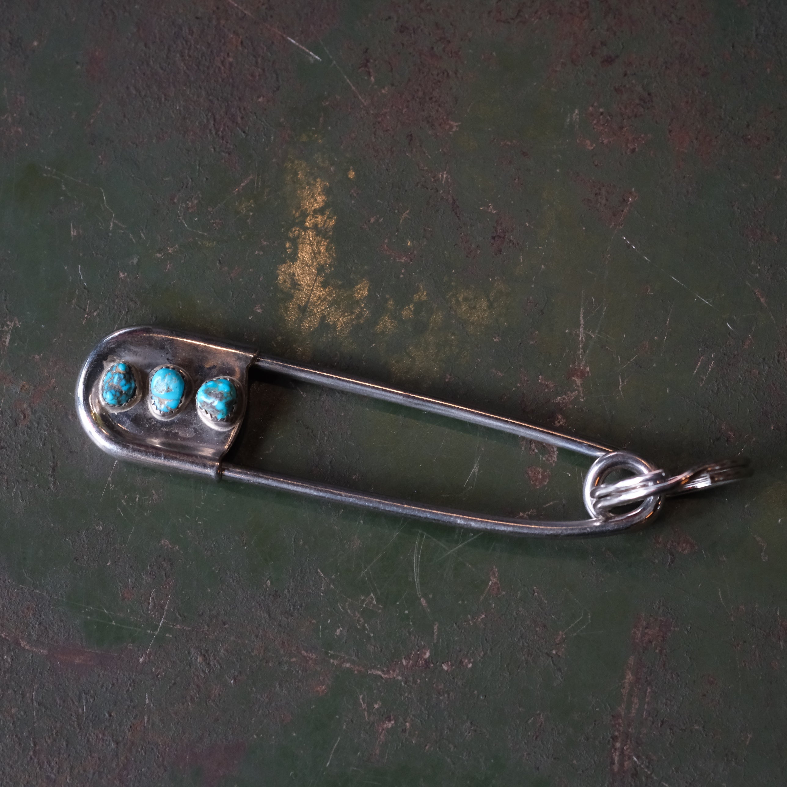 Vintage 3-Stone Turquoise Safety Pin Keychain 4"