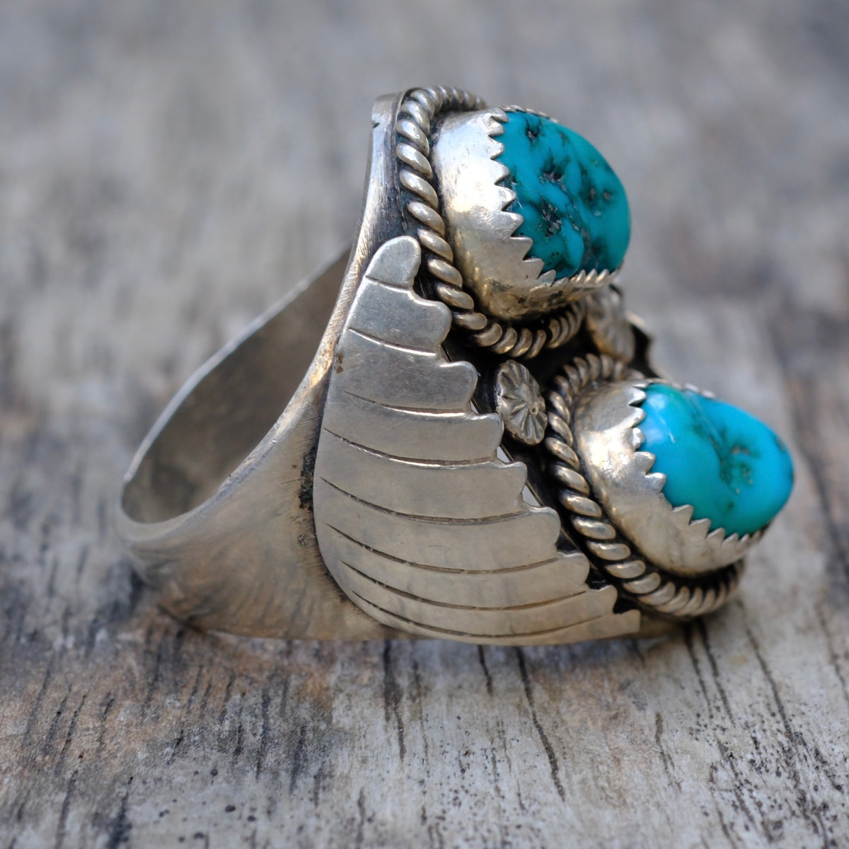 Vintage Sterling 2-Stone Turquoise Ribbed Band Ring 10.25