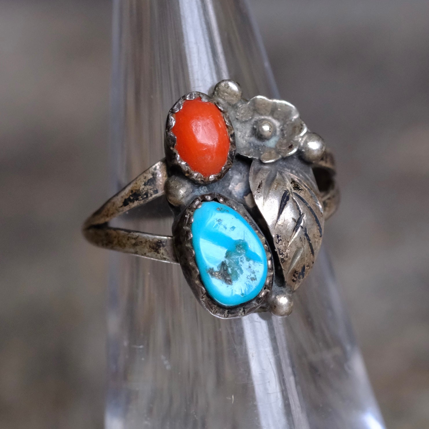 Vintage Sterling Turquoise and Coral Feather Ring 4.75