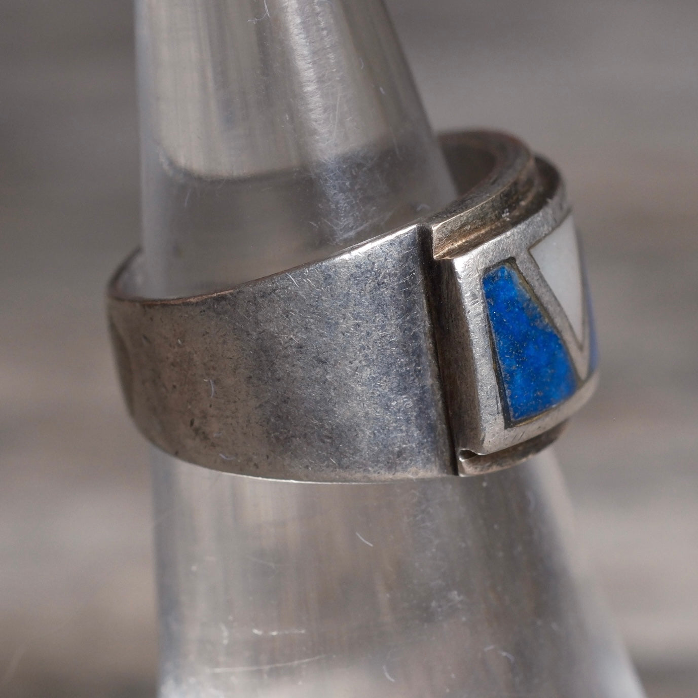 Vintage Sterling Lapis and Mother Of Pearl Inlay Ring 5.75