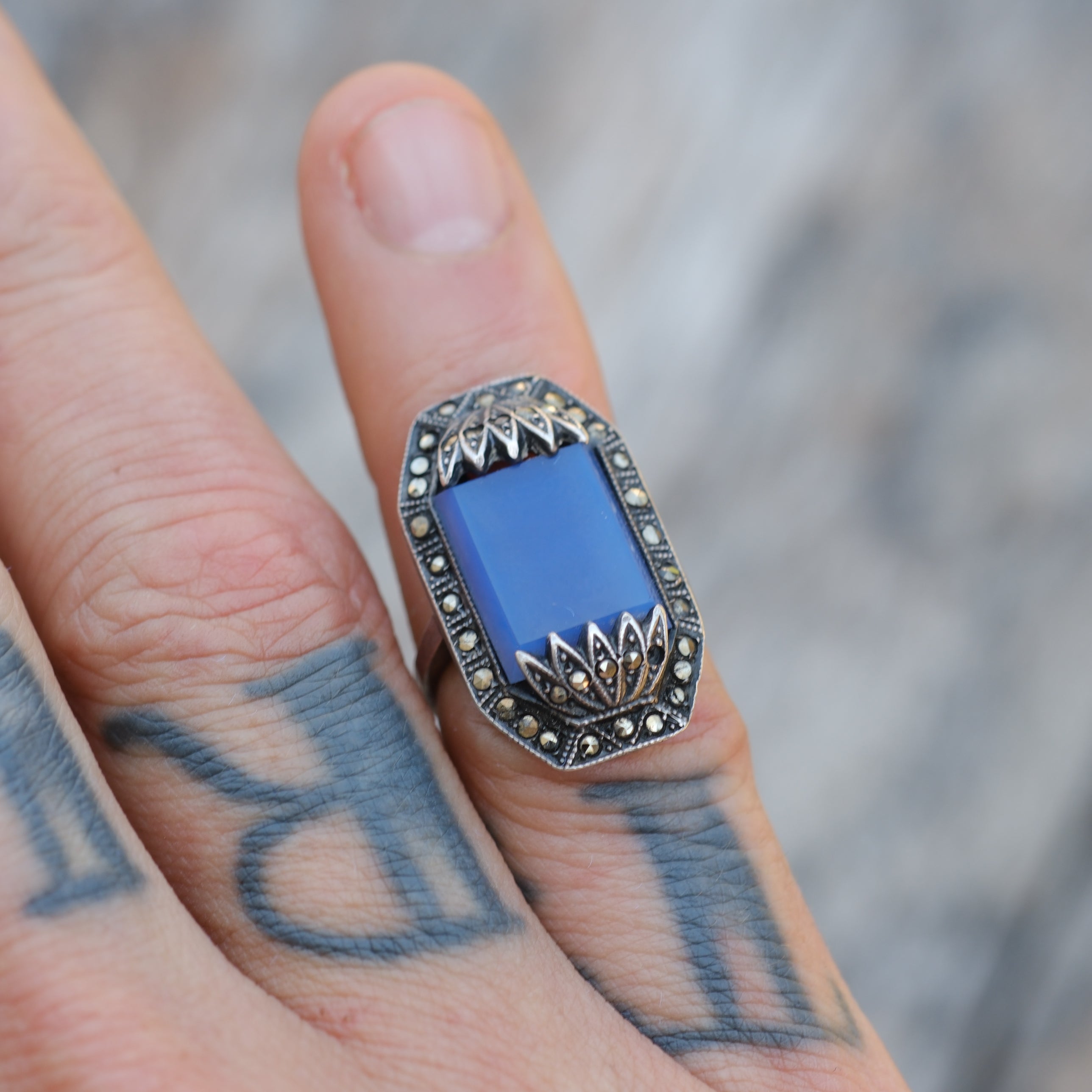 Vintage Sterling Blue Glass and Marcasite Deco Ring 4.75