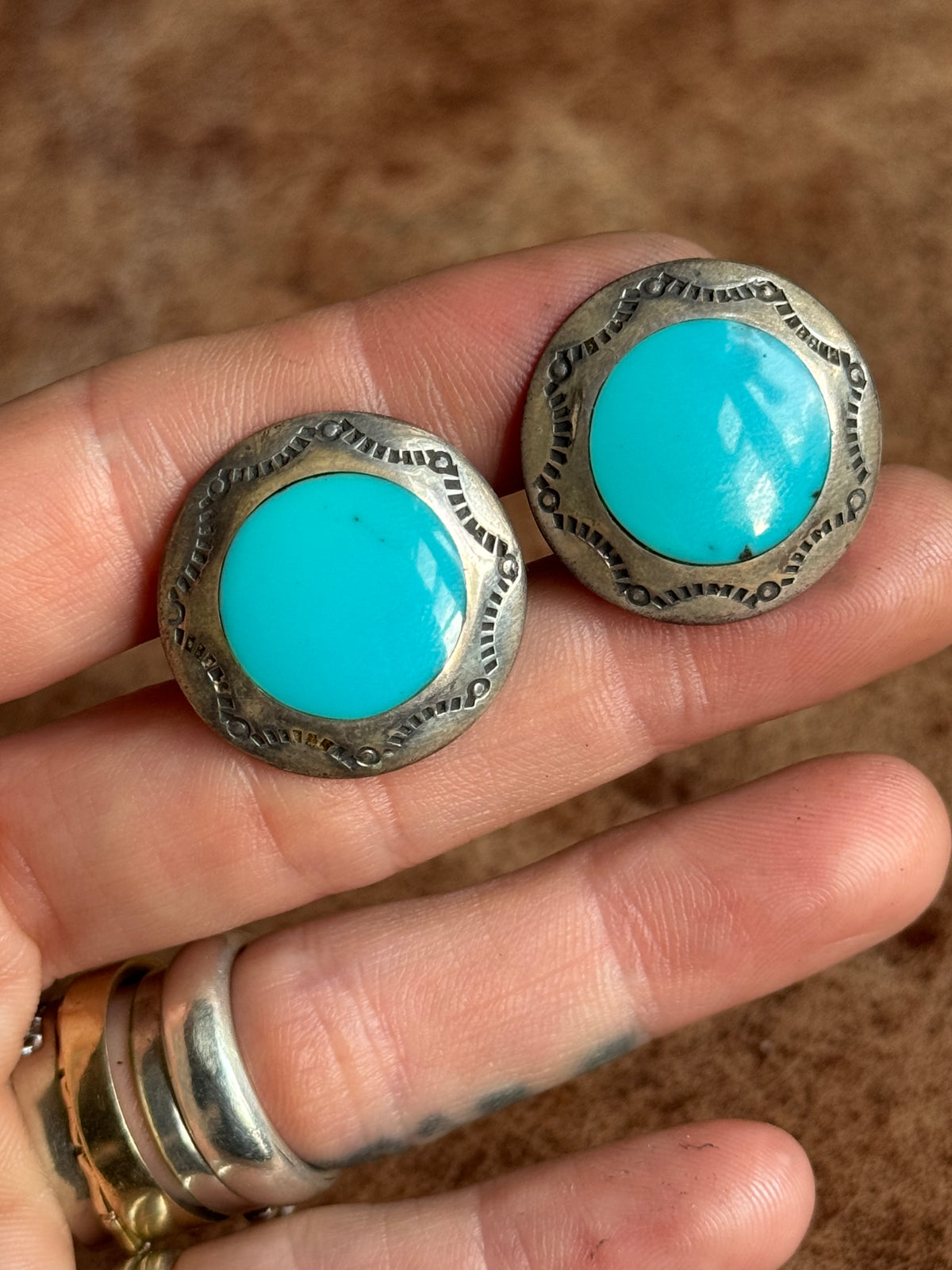Vintage Sterling Silver Stamped Turquoise Inlay Concho Cufflinks